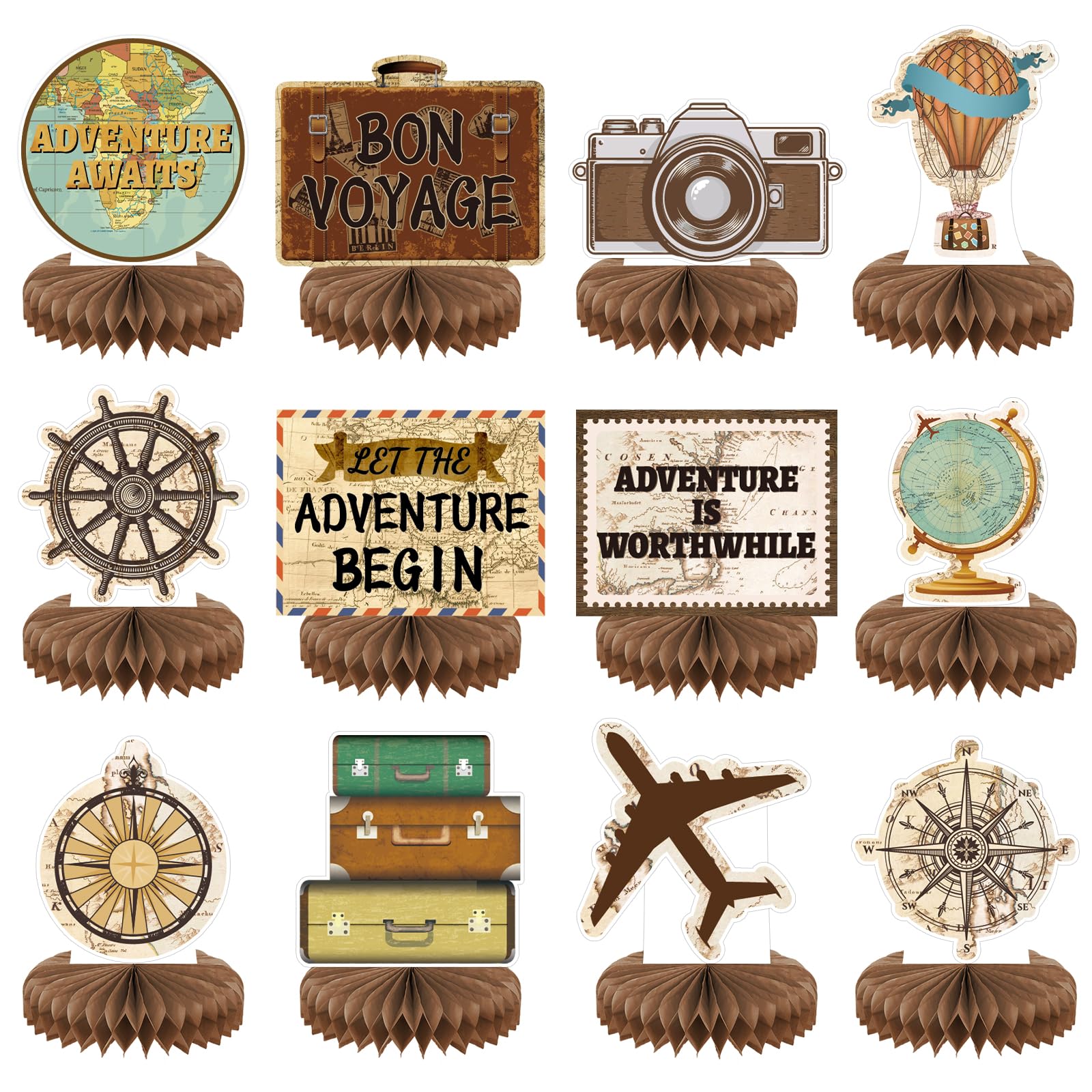 QOUBAI 12pcs Travel Themed Party Decoration Honeycomb Centerpieces Bon Voyage Party Decoration Adventure Awaits Party Decor Travel The World Table Toppers For Birthday Baby Shower Retirement Party