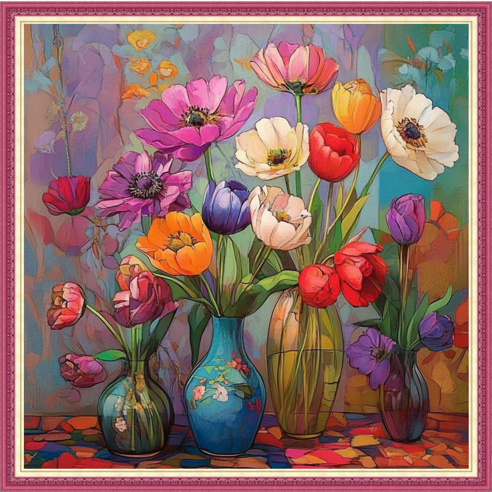 Fanxvivy Stamped Cross Stitch Kits for Beginners Full Range of Cross Stitching Preprinted Embroidery Kits for Adults, 11CT Embroidery Pattern Needlepoint Kits-Colorful Flowers Corner wall 18×18 inch