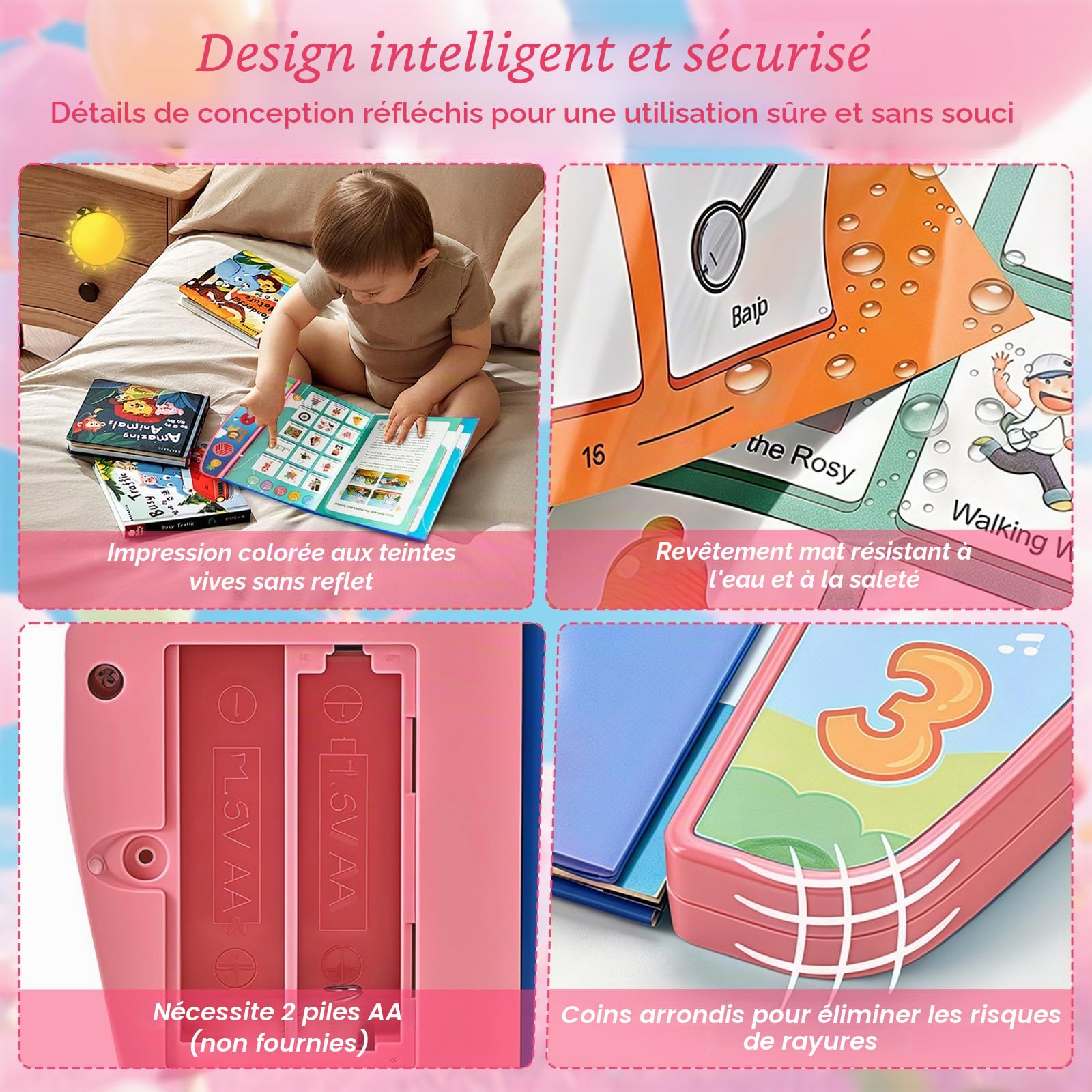 Livre Sonore éducatif Ludique pour Apprendre l'anglais Interactif, Livre Intelligent pour Enfants, Enfant l'anglais Machine de Lecture, Chiffres, Lettres, Mots, Formes (Rose)
