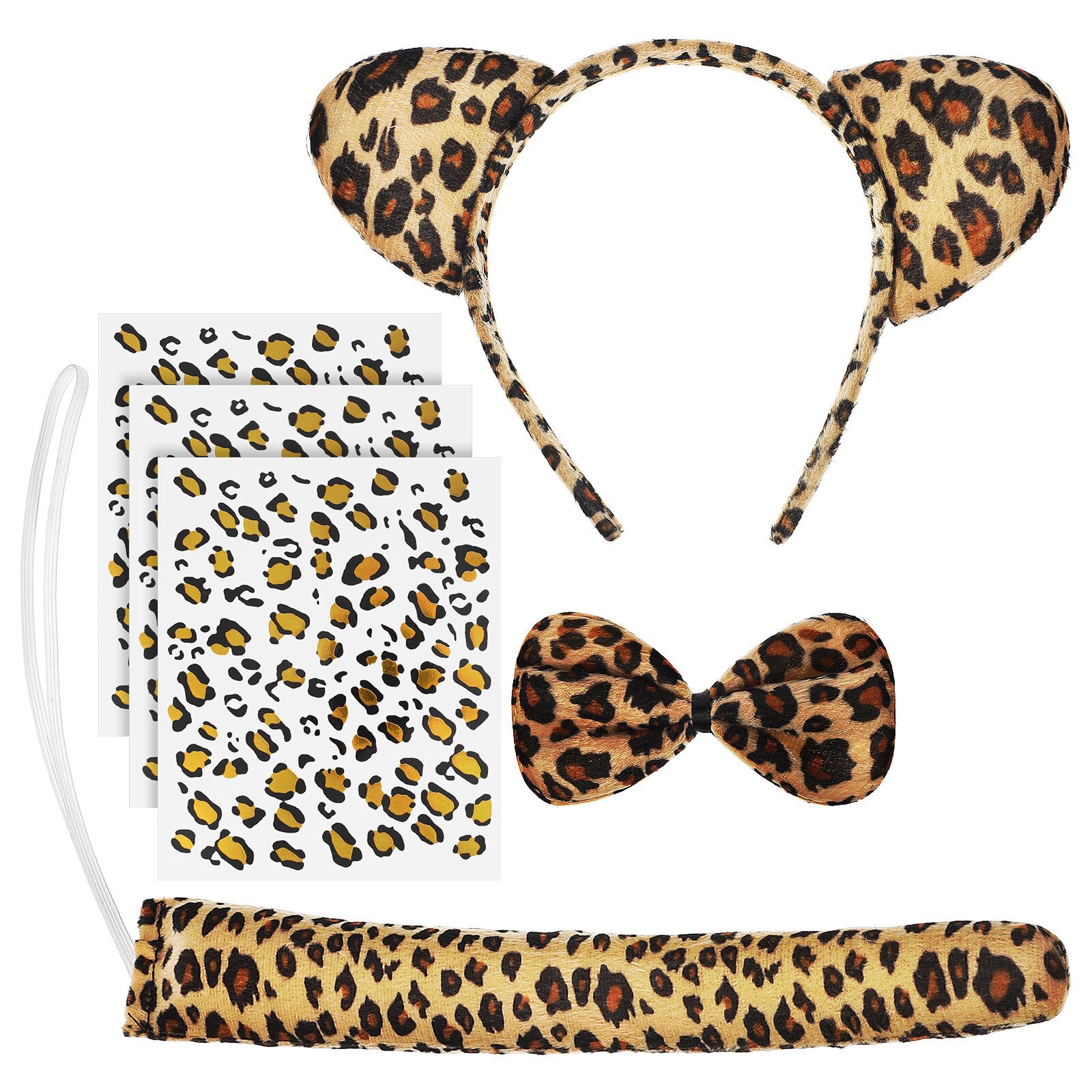 ABOOFAN Leopard Print Headband Bow Tie Tail Set with 3 Sheets Gold Tattoo Stickers Animal Role Play Costume for Kids Party Halloween Cosplay