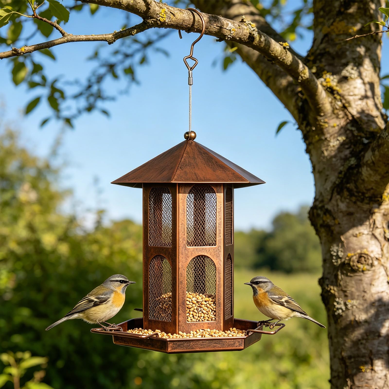 Mangiatoia per uccelli in rete per l ' alimentazione degli uccelli selvatici, supporto per alimenti sospeso con tetto e vassoio per trespolo per alberi da giardino o da patio, 19 cm / 7, 48 X 25