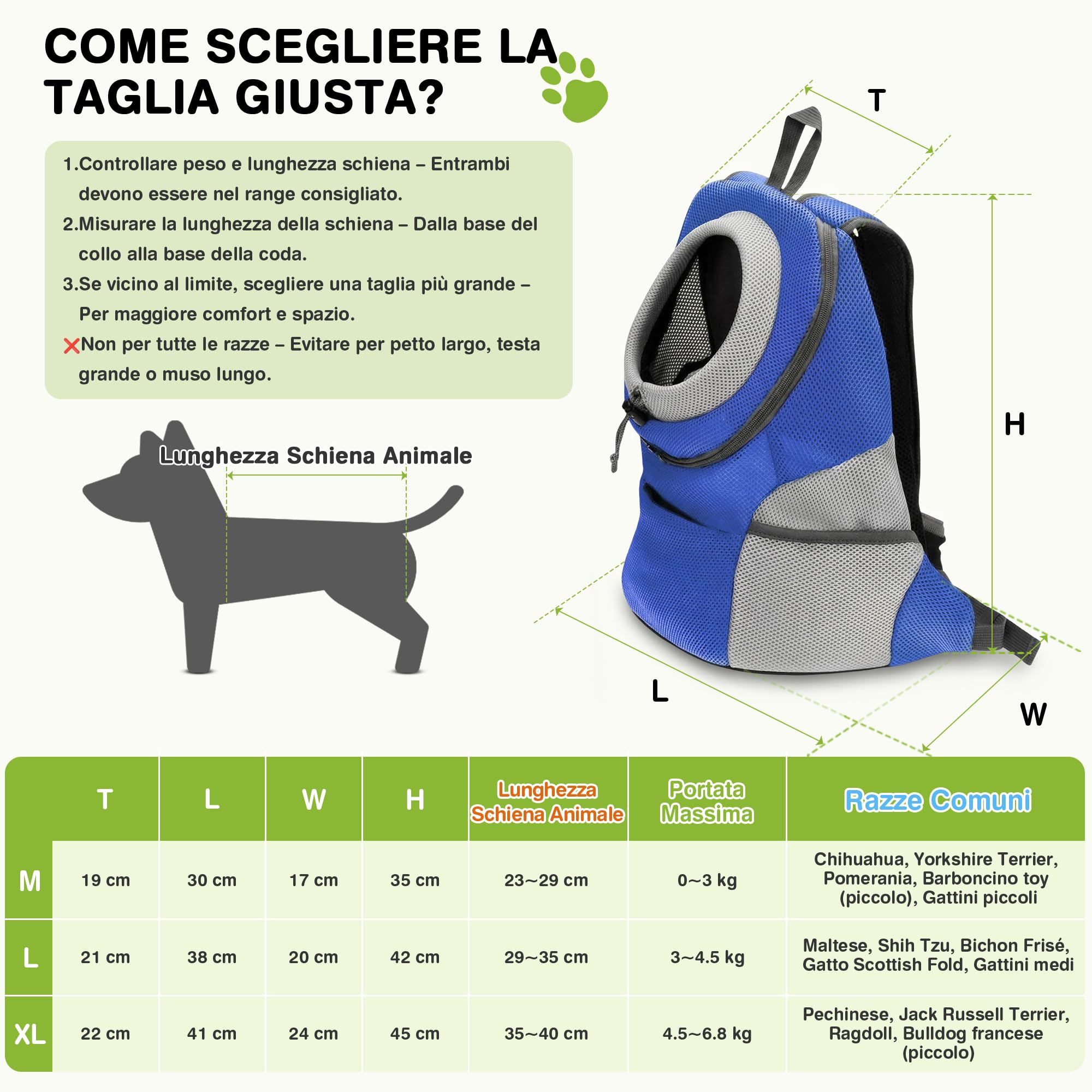 ALLSOPETS Zaino per Cani Trasportino per Piccoli Cani e Gatti Borsa da Viaggio Regolabile Blu Notte M