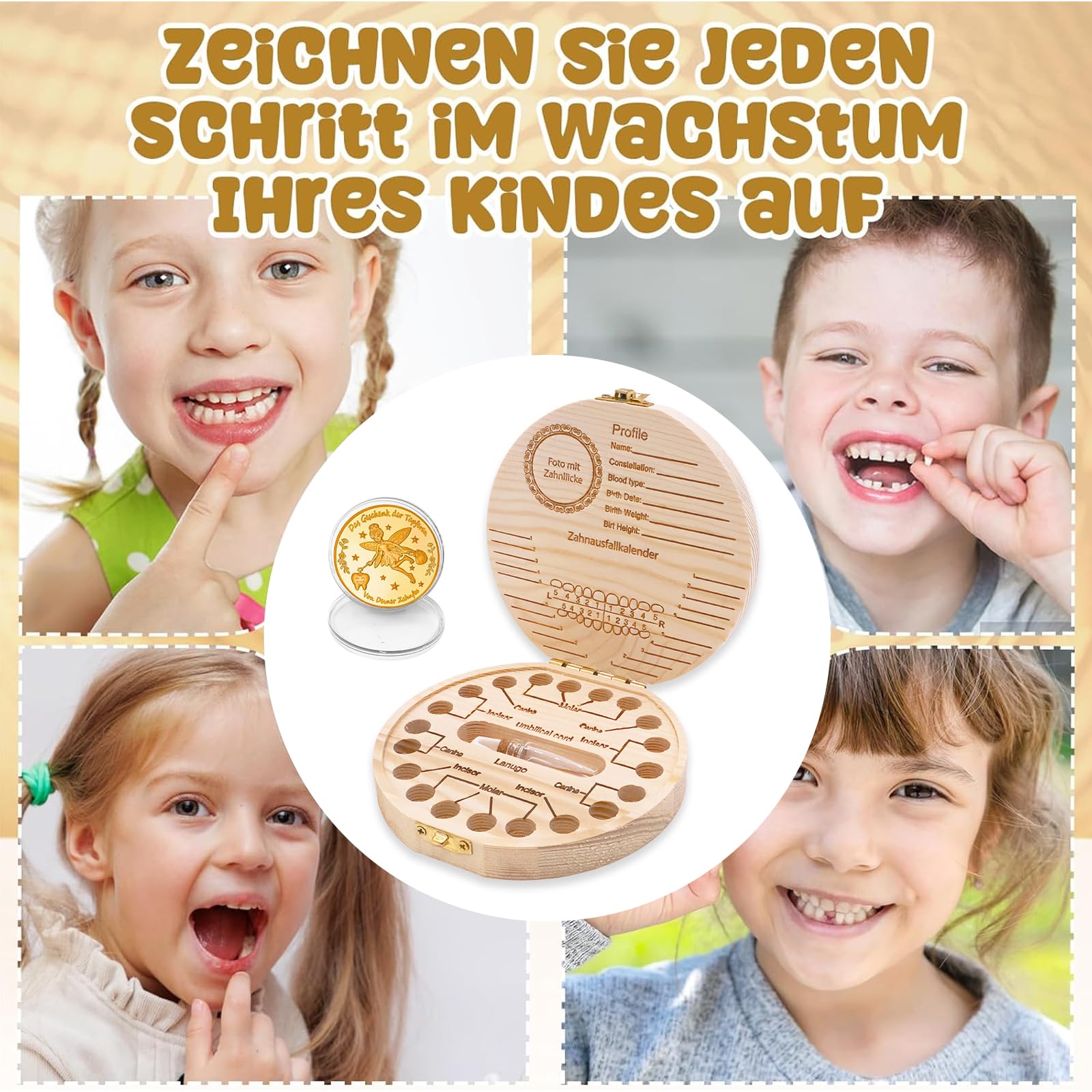 Caja de dientes de leche con motivos coloridos para niños y niñas, juego de regalo con 2 monedas, caja de dientes personalizable para dientes de leche, regalo para el tiempo