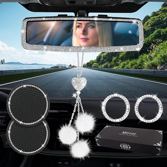 Bling Rhinestone Rear View Mirror, Crystal Ball Plush Pendant Ornament, Bling Car Coaster, Key Ignition Starter, Diamond Car Accessories for Women and Man, 6 Set Car Interior Decoration (white)