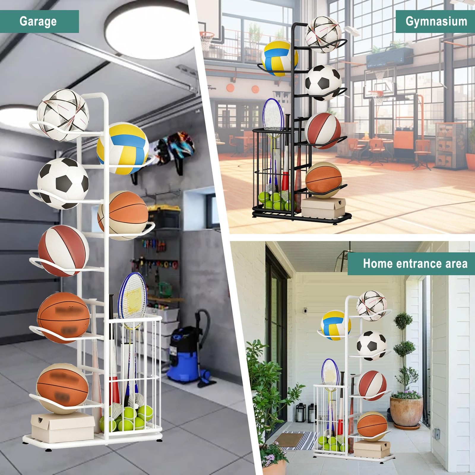 Stojak do przechowywania piłek o dużej pojemności, wytrzymały metalowy nizer do garażu, łatwy montaż, rozwiązanie do przechowywania sprzętu sportowego, system przechowywania koszy
