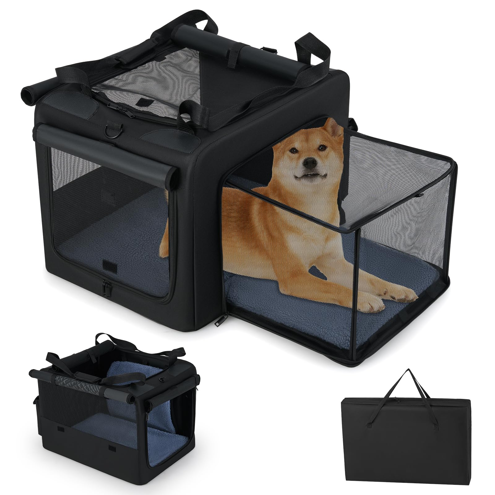 GYMAX Transportín para Perros, Mochila Extensible para Gatos con Ventanas de Malla, Espacio Extra, Bolsillos Laterales y Portavasos, Alfombra Suave, Bolsa para Mascotas Plegable (Negro+Gris, S)