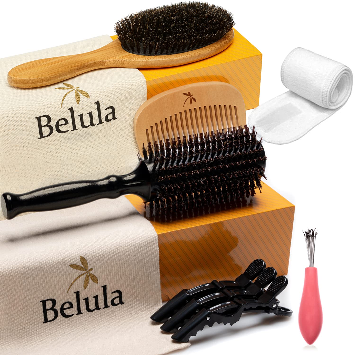 Belula Add Shine, Texture, and Volume Boar Bristle Hair Brush Set - 2.7" Round Brush for Blow Drying, Restores Shine and Body.