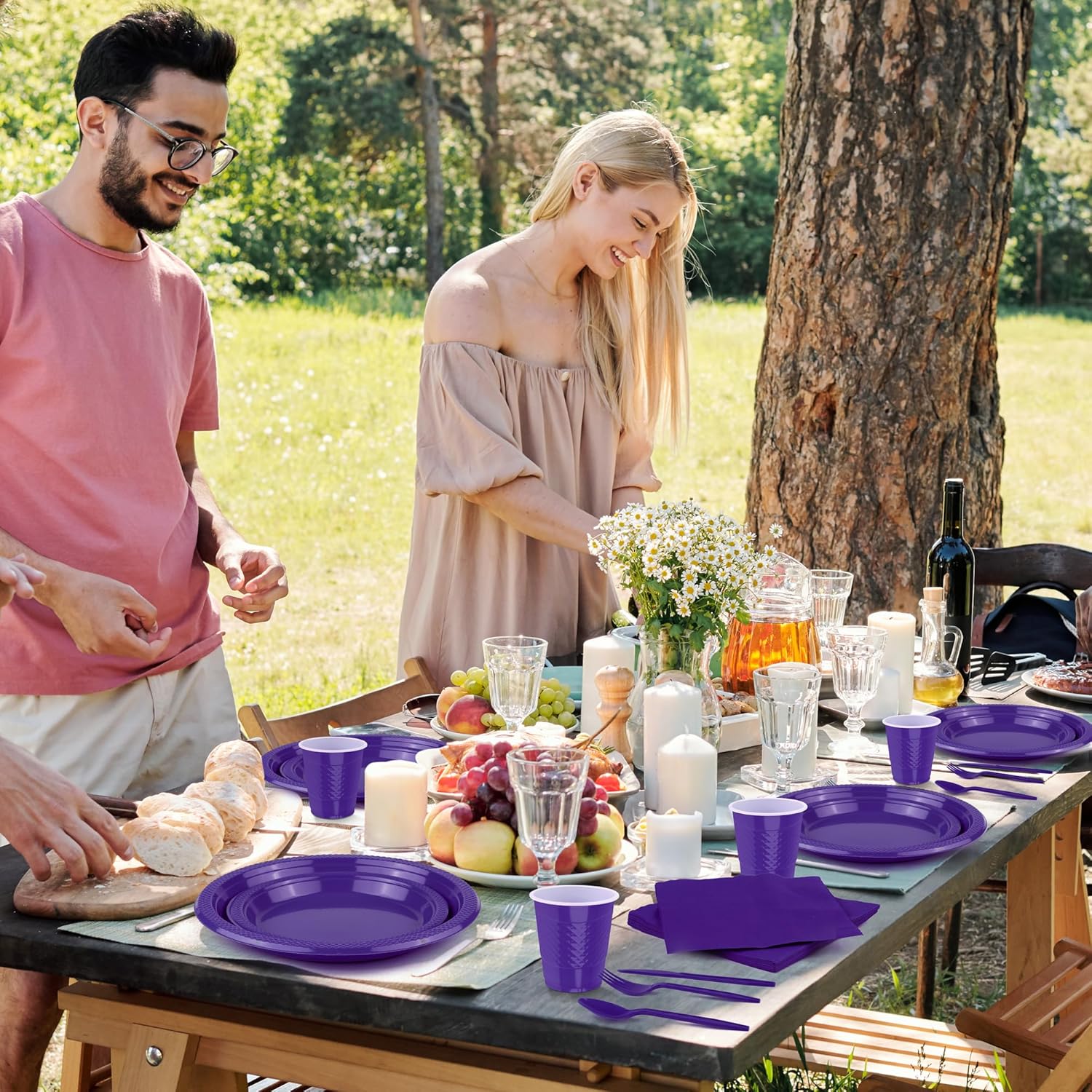 ADXCO 350 Pieces Dark Purple Party Supplies Disposable Dinnerware Set Including Plastic Plates Cups Knives Forks Spoons Paper Napkins Serve 50 Guests for Birthday Wedding Graduation Parties