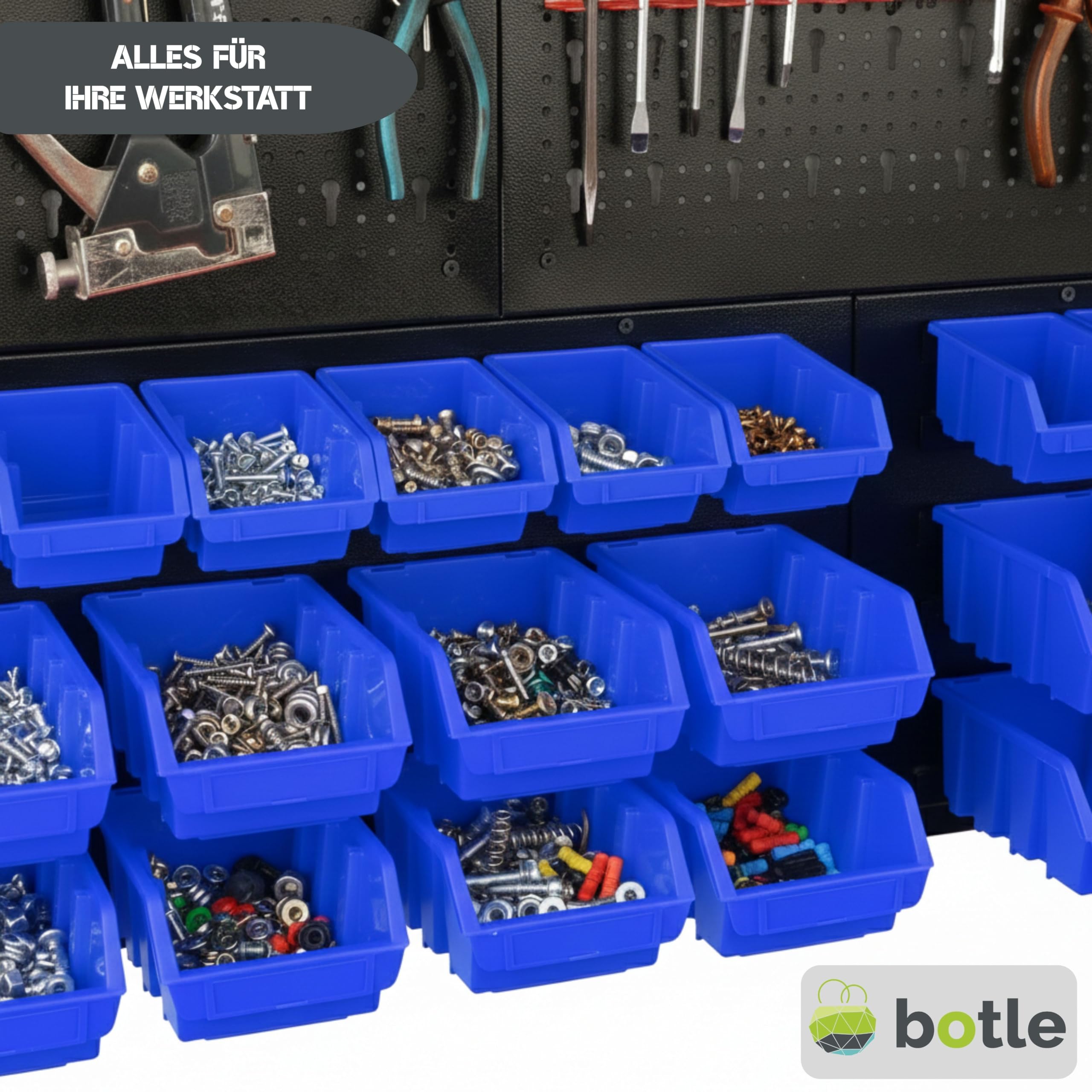 botle® Werkzeugwand Lochwand aus Metall, Stapelboxen + Wandregal + Werkzeughalter 63-tlg Set, Kleinteilelager, Wandwerkstatt mit 36 stapelbaren Blau Behältern, Hängeregal Sortierregal