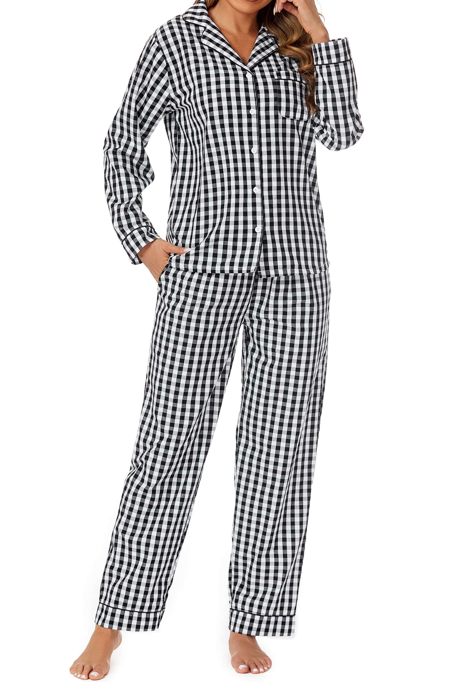 Pijama de 2 piezas para mujer, 100 % algodón, con botones, manga larga, estampada, suave, tallas S-XXL