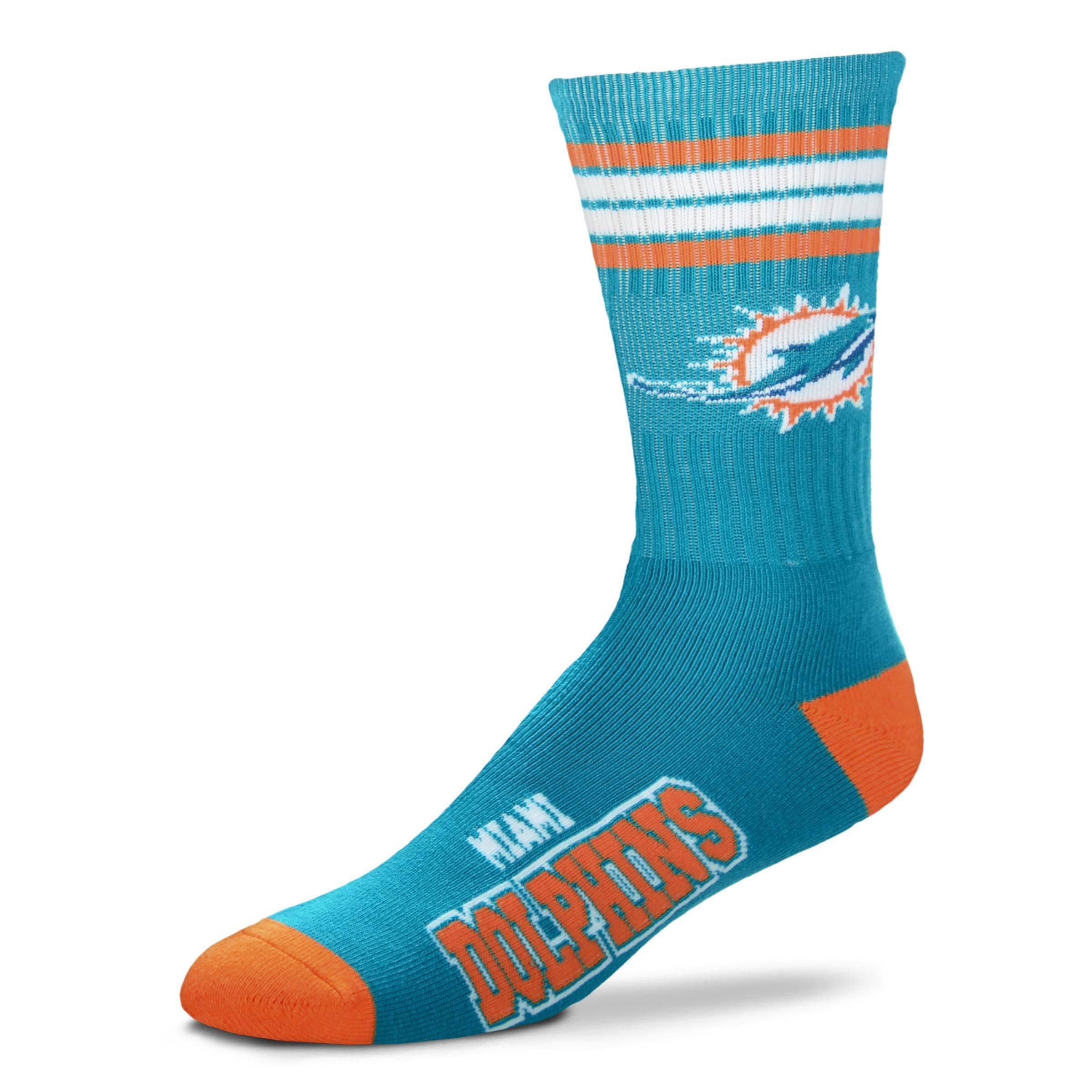 For Bare Feet NFL Youth 4 Stripe Deuce Crew Sock, Miami Dolphins, One Size โ image 1
