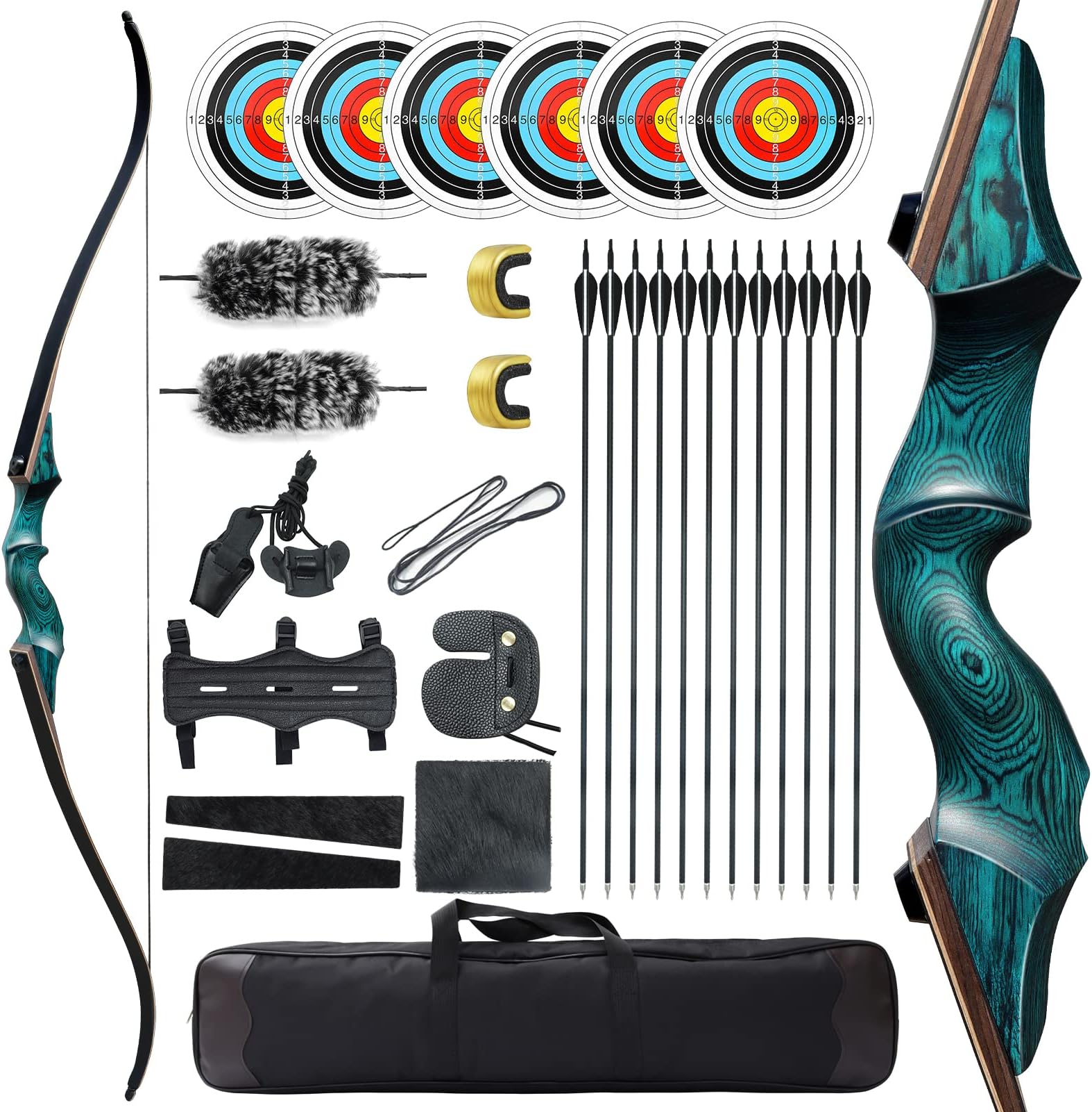 OBTOUTDOOR Black Hunter Original Bow and Arrow Set Adult Recurve Bows Archery Set Hunting Bow 60" 20-60 lbs Right Hand Wooden Riser with Carbon Arrows and Bow Case for Outdoor Shooting Competition