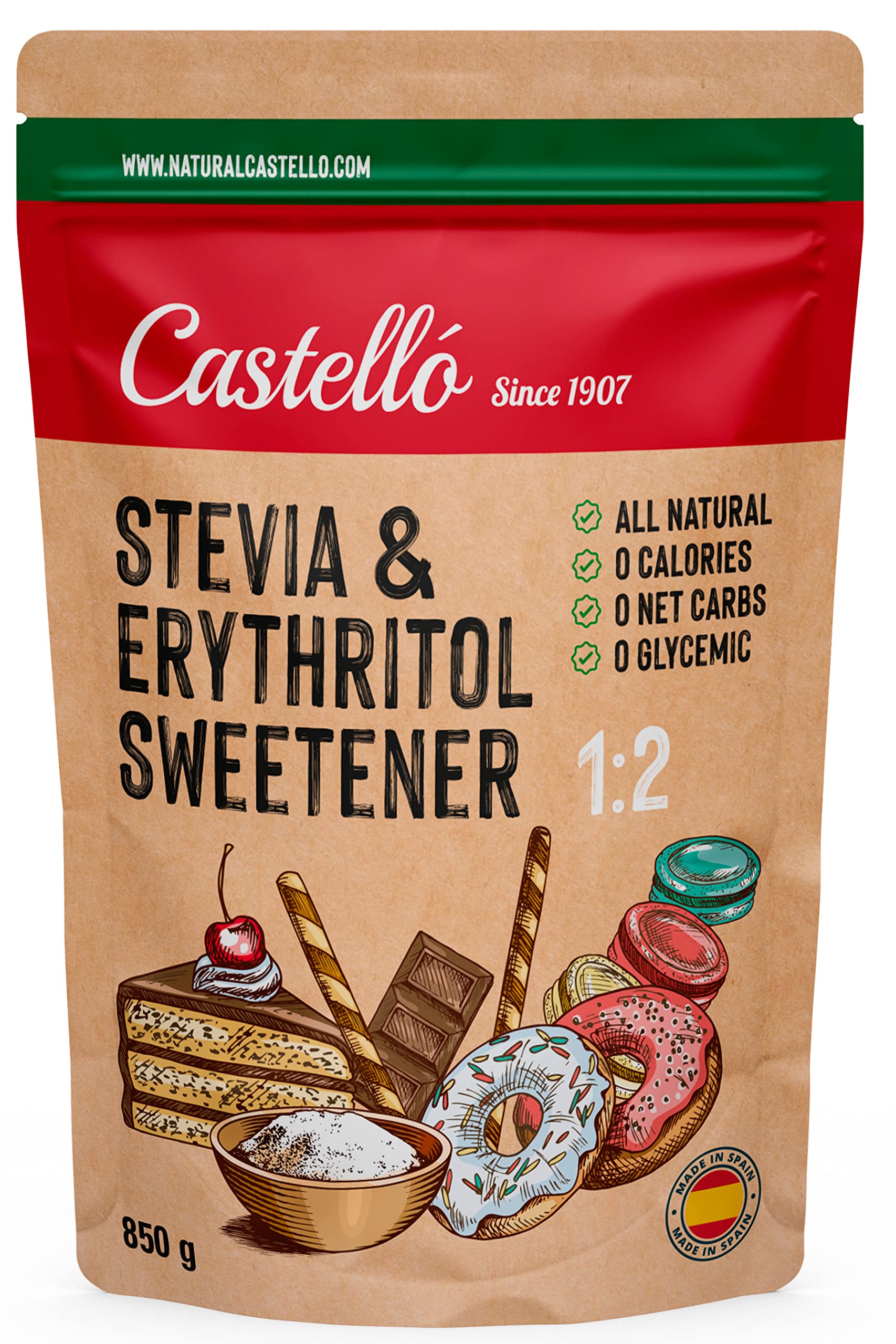 Stevia + Erythrit 1:2 Süßstoff | 1g = 2g Zucker | 100% Natürlich schmeckender Zuckerersatz - 0 Kalorien - 0 Glykämischer Index - Keto und Paleo - 0 Netto-Kohlenhydrate - Castello since 1907-850 g