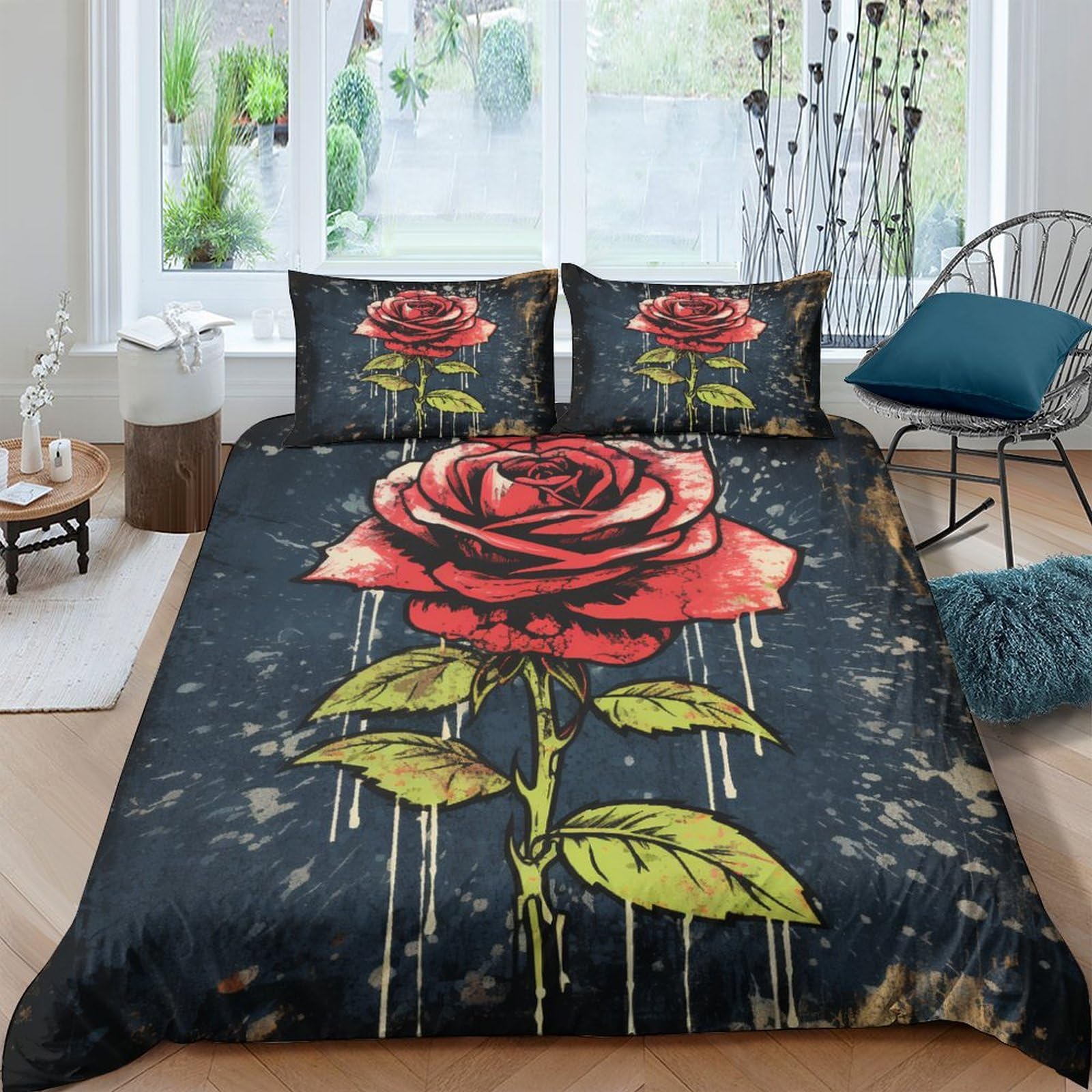 Housse de couette 200x200cm roses anciennes style vieilli parure de lit 3 pièces