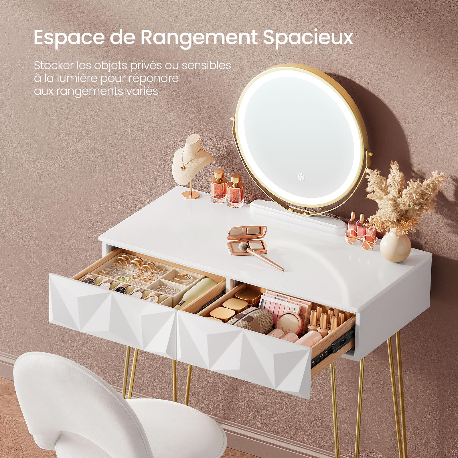 EUGAD Coiffeuse avec Miroir LED Réglable à 3 Niveaux, Table de Maquillage avec Chaise en Velours, avec 2 Tiroirs à Effet 3D en Bois Massif, Moderne, Blanc+Doré, 0056SZT