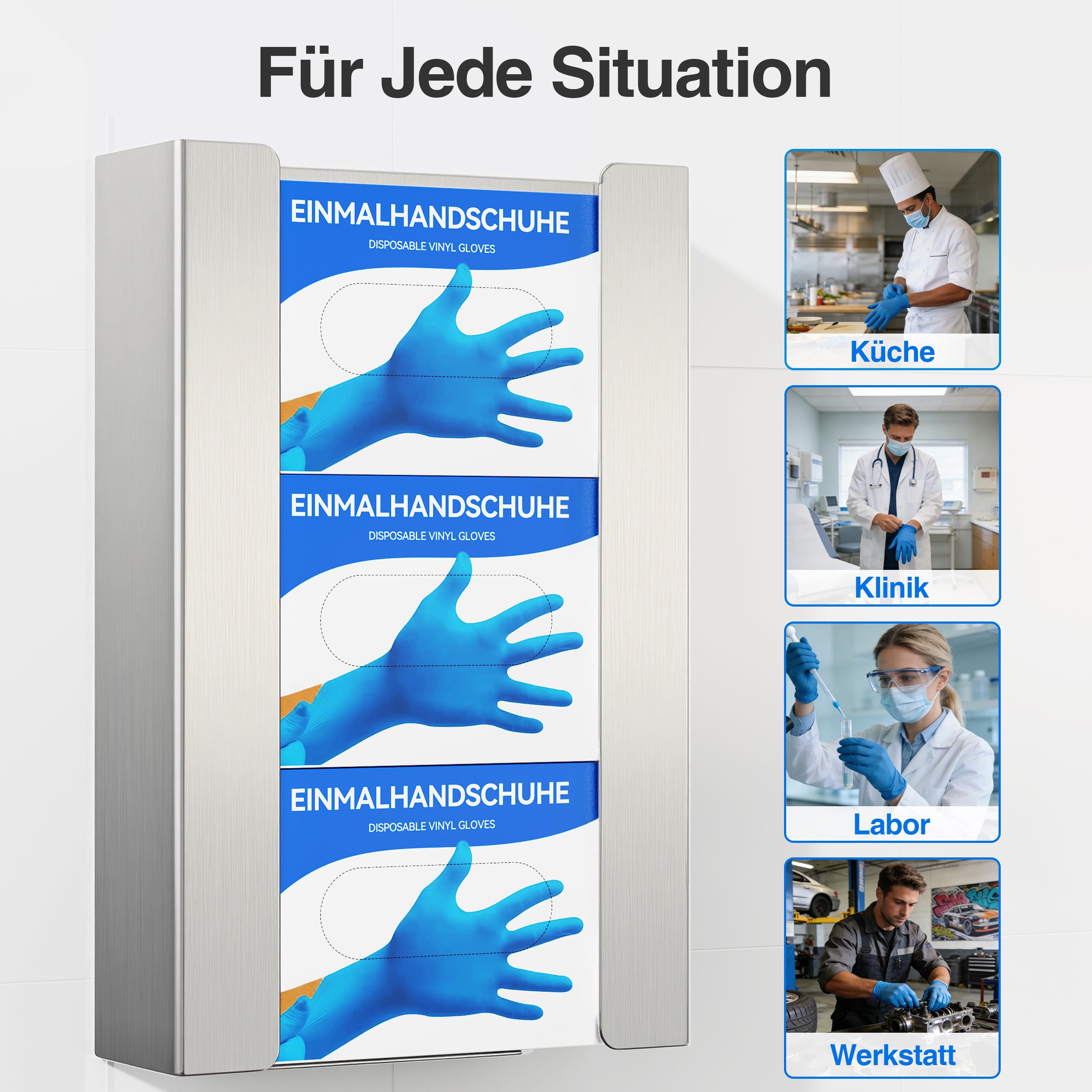 Edelstahl Handschuhhalter Wand (3 Boxen) – Gebürsteter Handschuhspender für Einweghandschuhe – Handschuhhalterung Wand für Nitril, Latex, Vinyl – Wandhalterung mit Schrauben oder Klebemontage