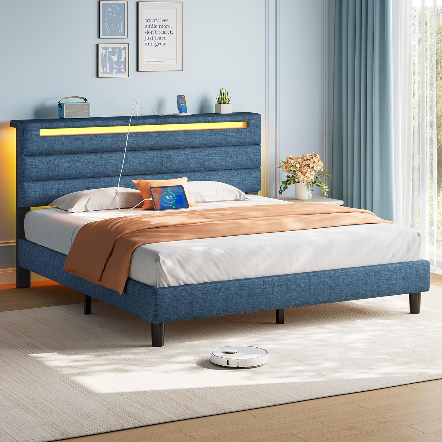 Rolanstar Queen Size Bed Frame, Storage Headboard with Charging Station and LED Lights, Upholstered Bed with Heavy Duty Wood Slats, No Box Spring Needed, Noise Free, Easy Assembly, Blue Blue Queen