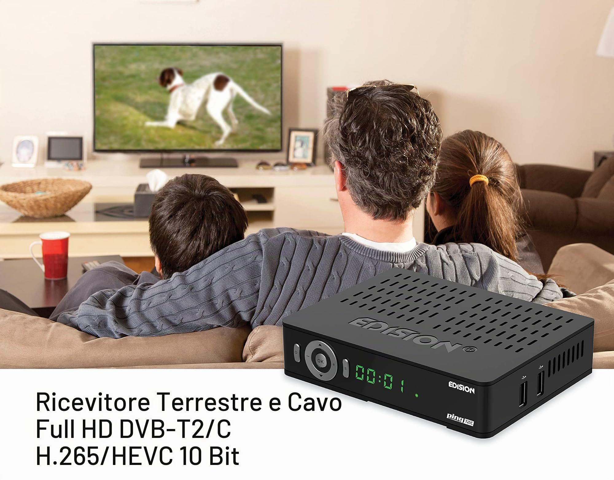 EDISION PING T2/C Decoder DVB-T2 HD Ricevitore Digitale Terrestre H265 HEVC 10 Bit Bonus TV, 2xUSB, HDMI, SCART, LAN, Sensore IR, RS232, Supporto USB WiFi, Telecomando Universale 2in1, Main 10