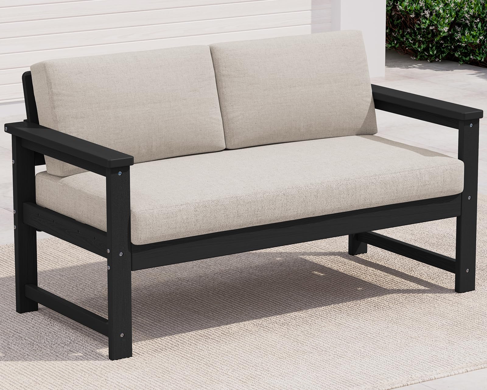 SERWALL HDPE Outdoor Loveseat with Cushion, Outdoor Sectional Furniture Set