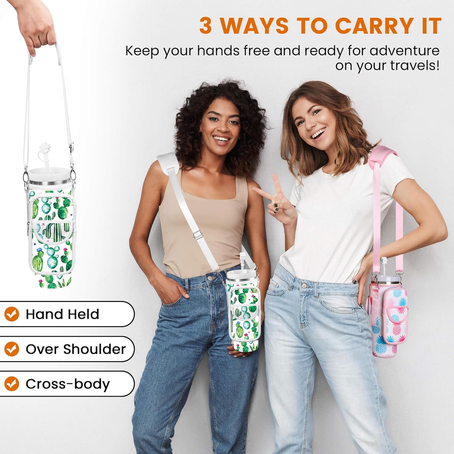 Water Bottle Holder with Strap for Stanley 30/40 oz Tumbler, Fashion Stanley Cup Bag with Big Phone Pocket, Silicone Boot, Straw Cover & Leak Proof Stoppers