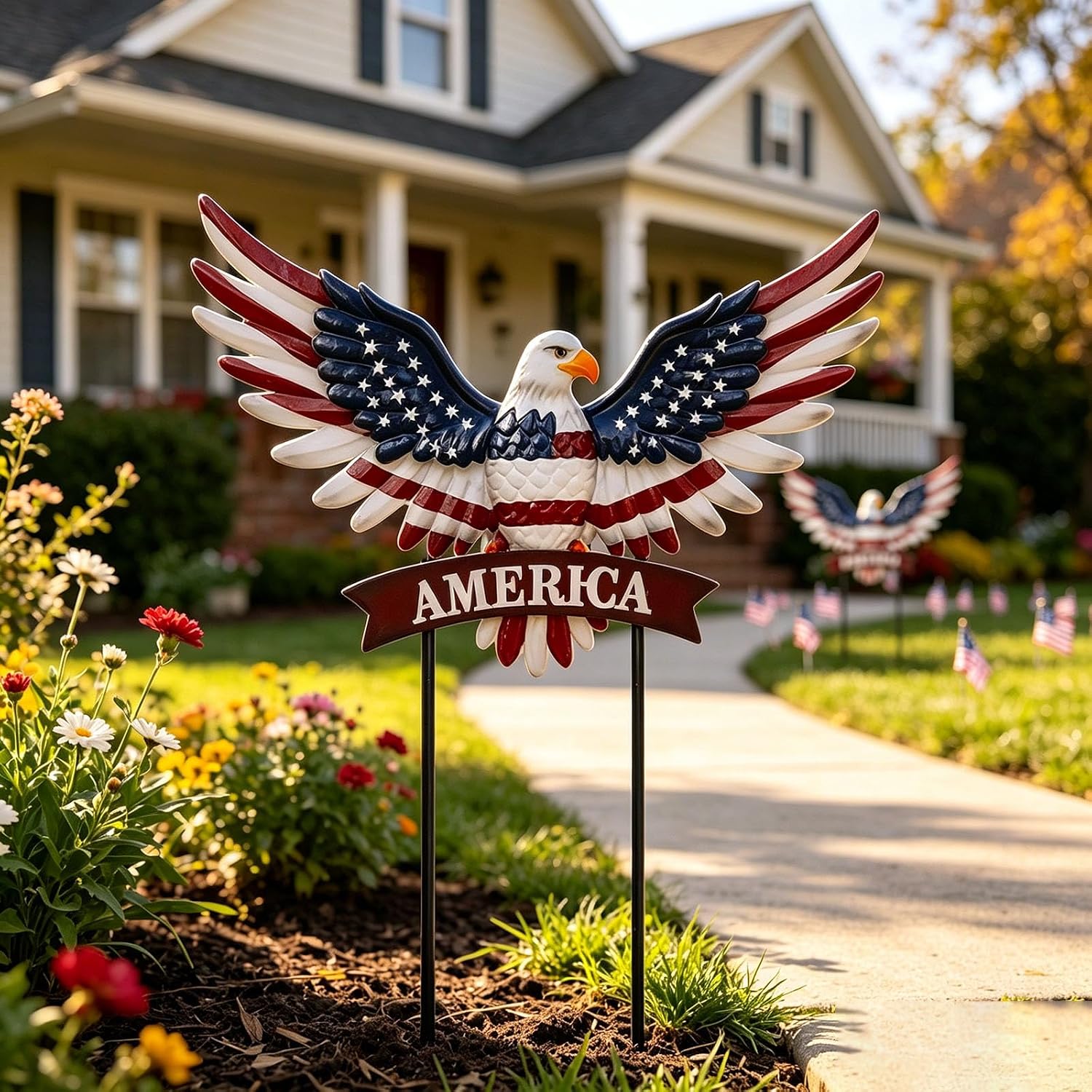 Eagle Patriotic Decor Garden Stakes Decorative Large 35.8in with America Sign, 4th of July Decorations Red White Blue Decor American Flag Memorial Day Decorations Metal Yard Art