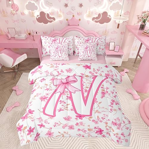 Feelyou Kids Girls Cute Pink Bowknot 7 Piece Bedding Set Twin Size Coquette Bow 