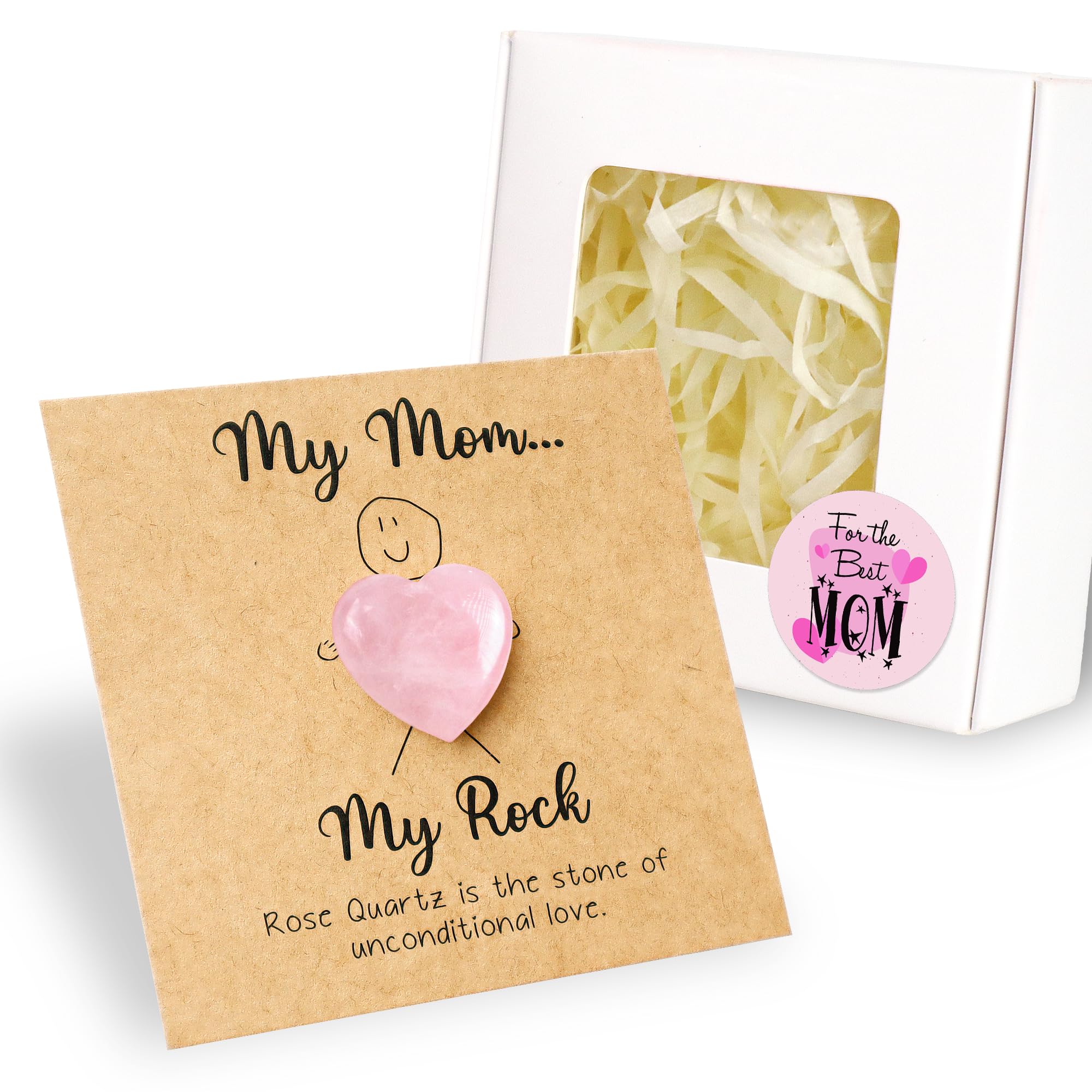 Rose Quartz Heart for Mom – My Mom My Rock Card with Love Stone &amp; Gift Box, Sentimental from Daughter Son, Healing Crystal Heart Keepsake, for Mom