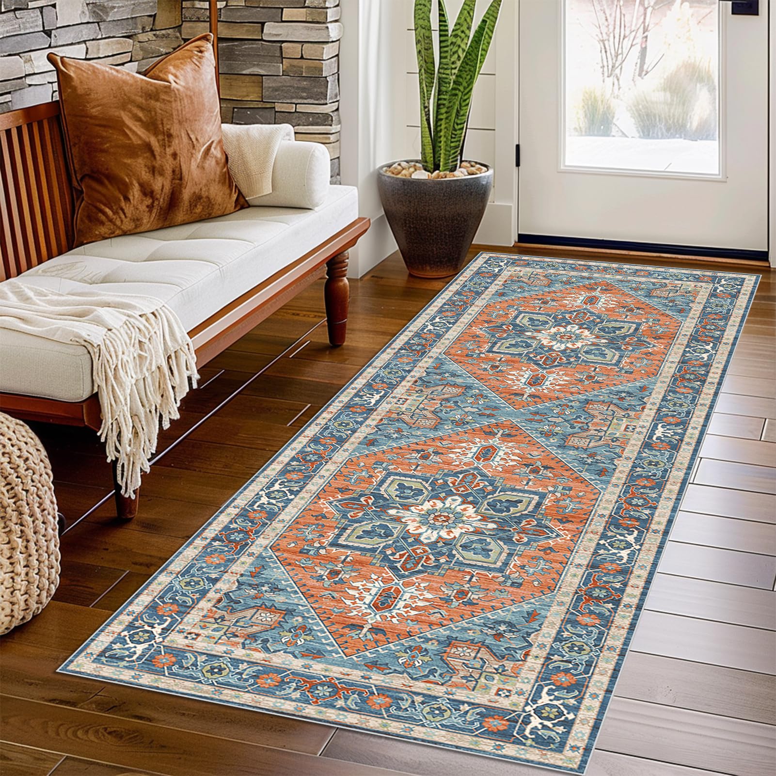 Bnehwogu A-122 Runner Rugs For Hallway Non-Slip 60 X 400 Cm Vintage Hallway Runner Mat Long Washable Entryway Rug Hall Runner Low Pile Carpet Runner For Kitchen Doorway Laundry Room Bedroom