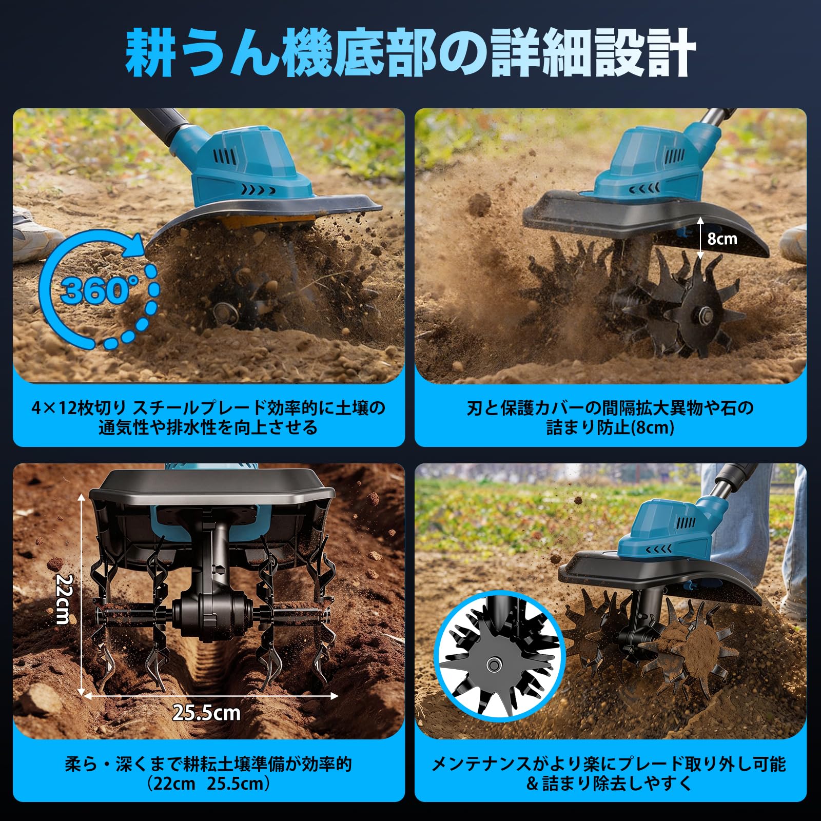 Amazon | 耕運機 家庭用 電動耕うん機 充電式950W+360RPM 强力モーター