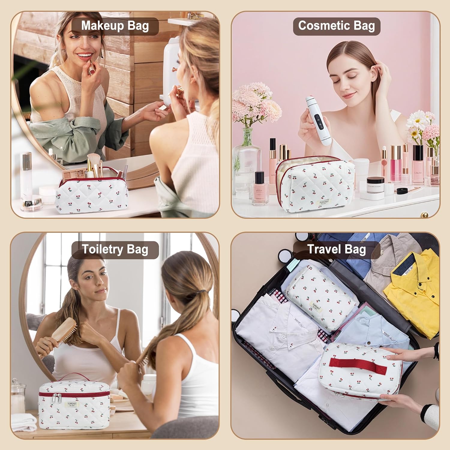 TOPEAST Makeup Bag, Large Quilted Cosmetic Bag, Big Floral Make Up Bag for Women Girls, Cute Cotton Makeup Bag Set, Flower Travel Toiletry Organizer Bag, Zipper Portable Cosmetic Pouch - Image 7