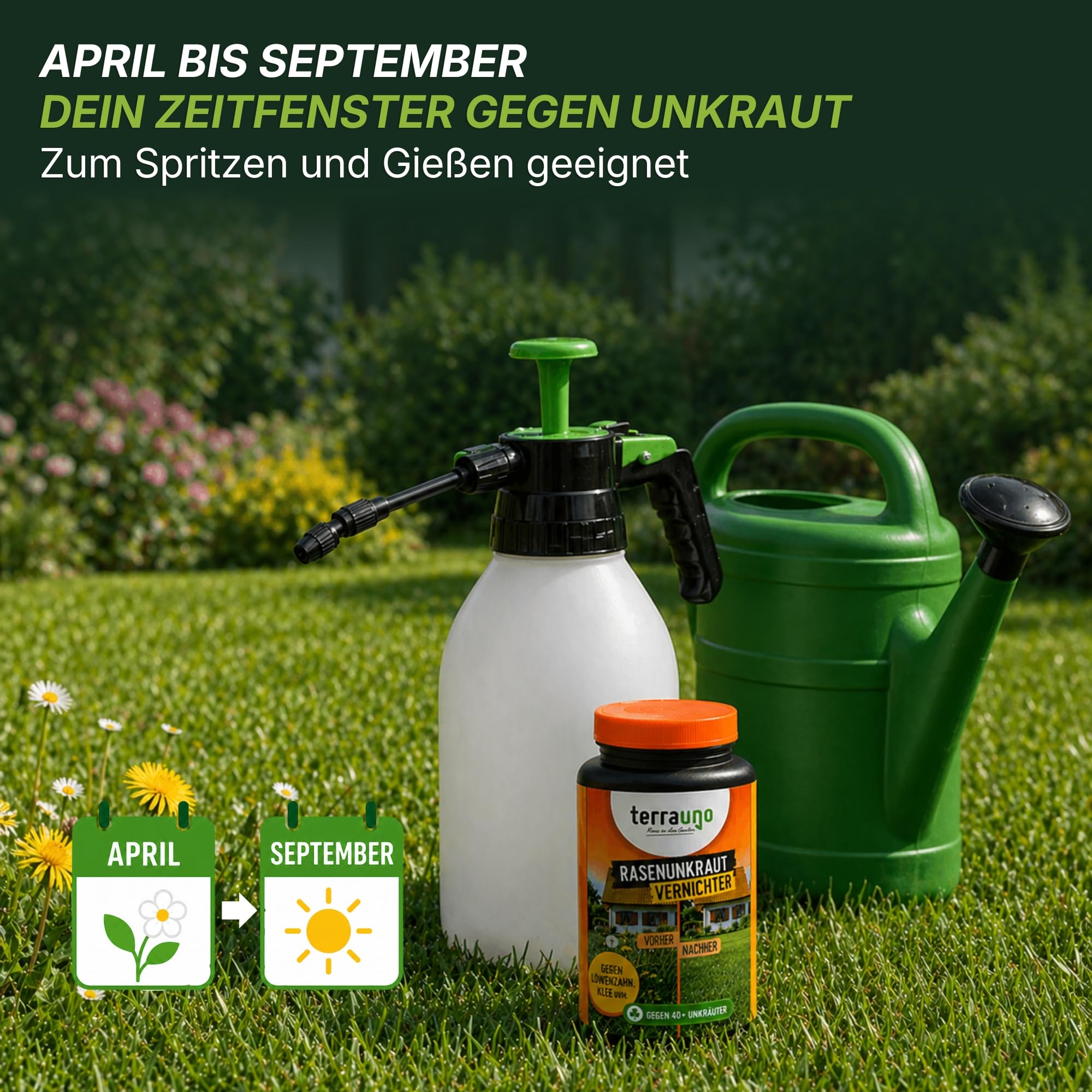 TerraUno Unkrautvernichter Rasen 500 ml, Flüssiges Unkrautvernichtungsmittel extra stark, gegen über 40 Unkräuter, Löwenzahn und Klee Vernichter, Rasenunkrautvernichter mit wurzeltiefer Wirkung