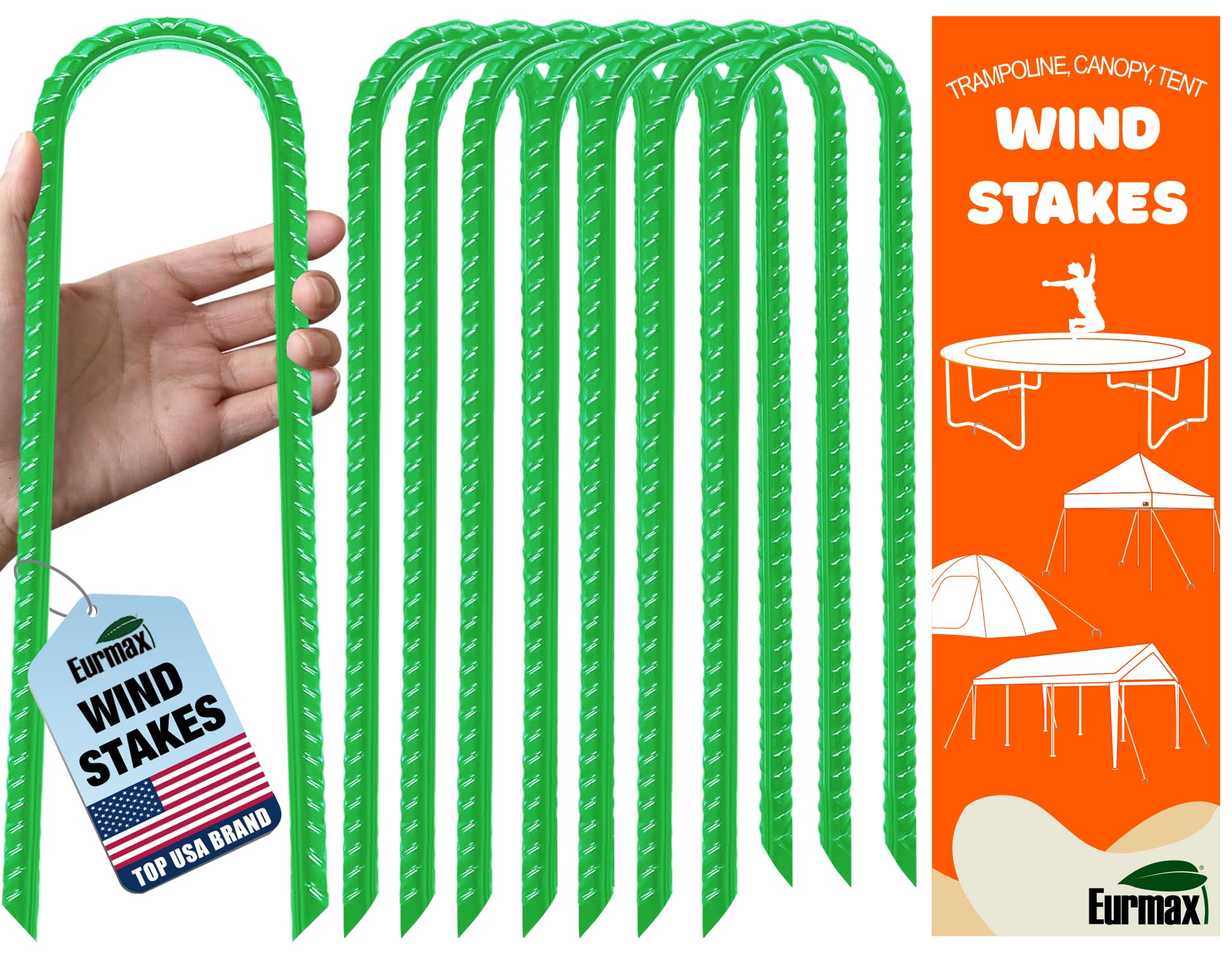 Eurmax USA Trampolines Stakes Canopy Parts Wind Stake 12 Inch Heavy Duty Stake Safety Ground Anchor Galvanized Steel Wind Stakes, Pack of 8(Green)