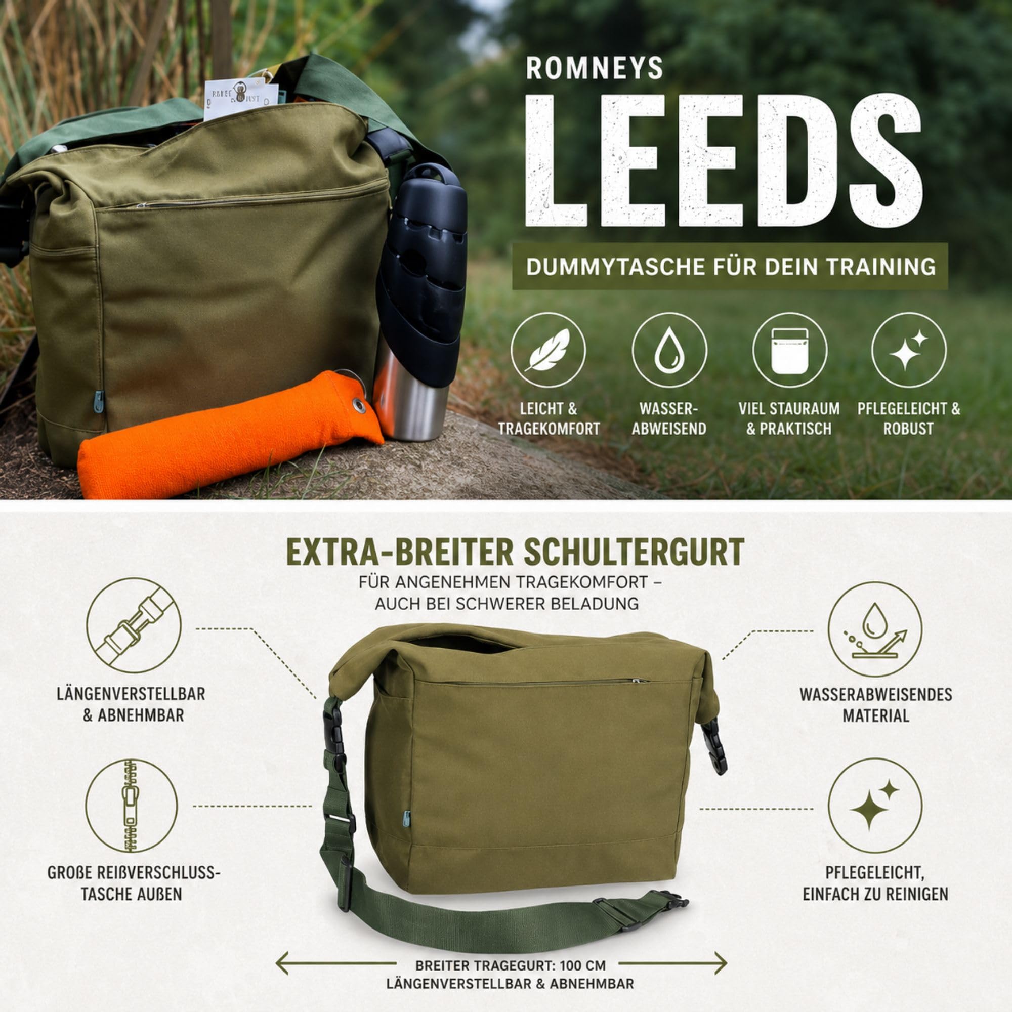 ROMNEYS Dummytasche Leeds – Große Trainingstasche für Dummytraining & Jagdhundetraining – Wasserabweisend, pflegeleicht & mit breitem Schultergurt – Olivgrün