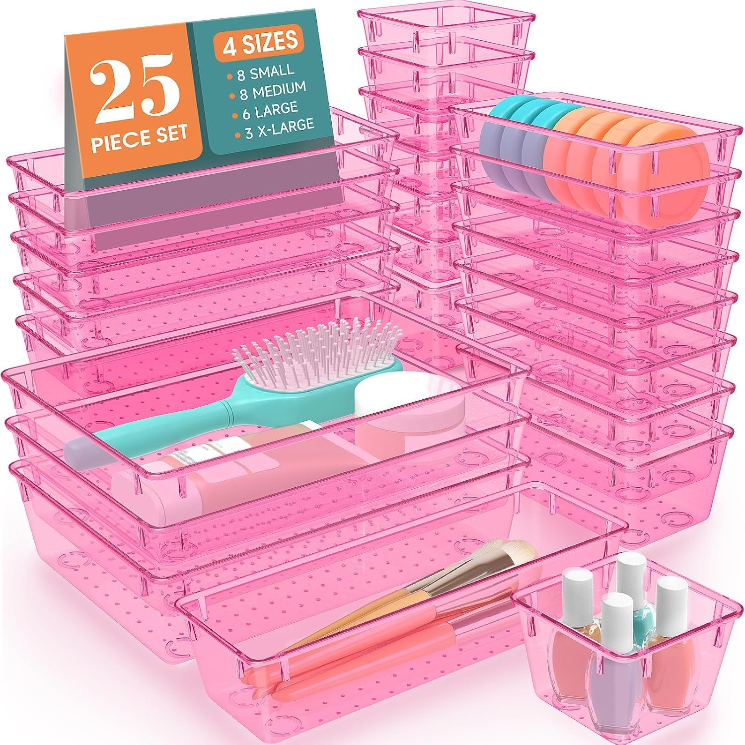 25 PCS Plastic Drawer Organizer Set, 4-Size Versatile Organizer Trays & storage Bins for Makeup, Jewelry, and Gadgets in Bathroom, Bedroom and Office, Clear Pink