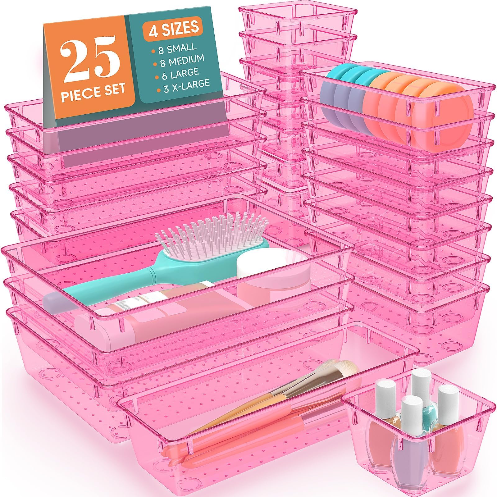 SpaceHacks 25 PCS Plastic Drawer Organizer Set, 4-Size Versatile Organizer Trays & storage Bins for Makeup, Jewelry, and Gadgets in Bathroom, Bedroom