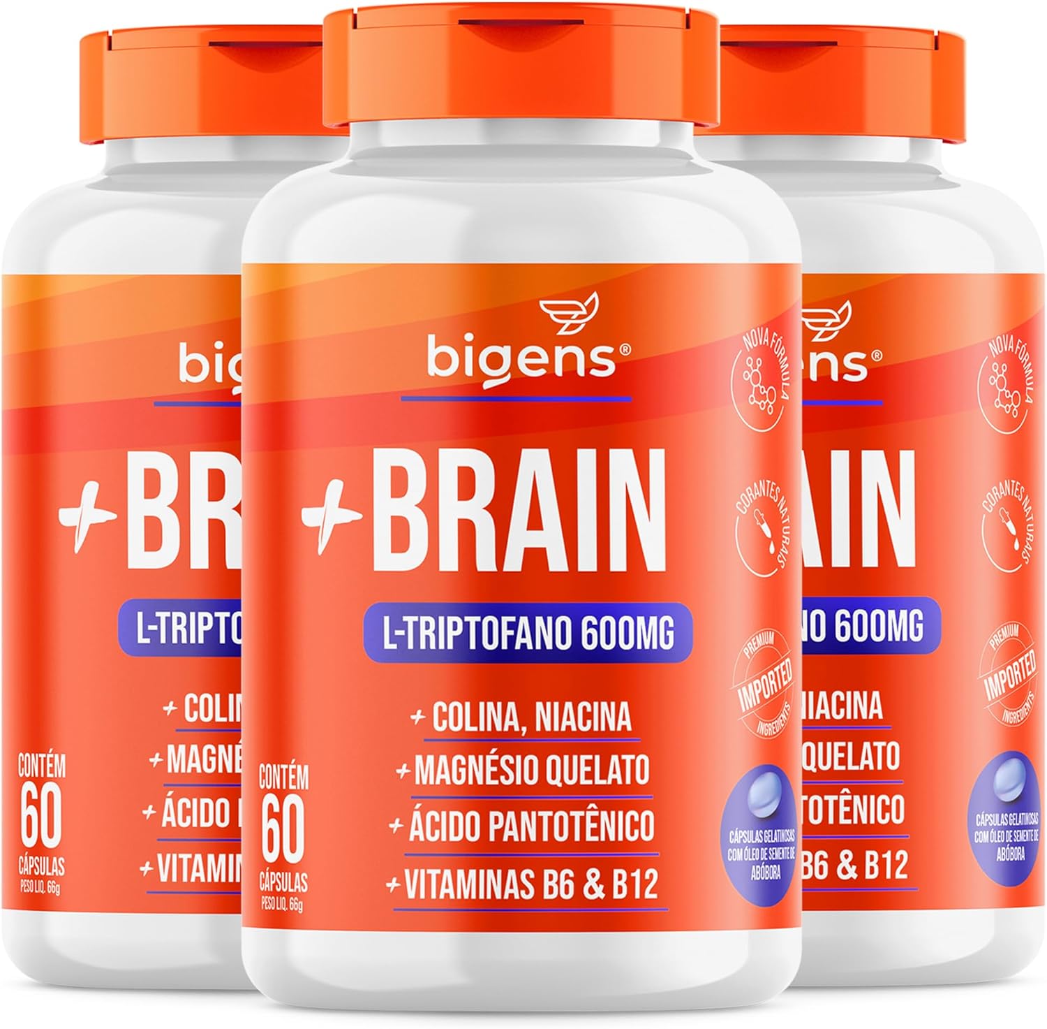 Biogens + Brain Triptofano 600mg Colina Relax e Foco, Kit 3x 60 Cápsulas