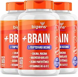 + Brain Triptofano 600mg Colina Relax e Foco, Biogens, Kit 3x 60 cápsulas