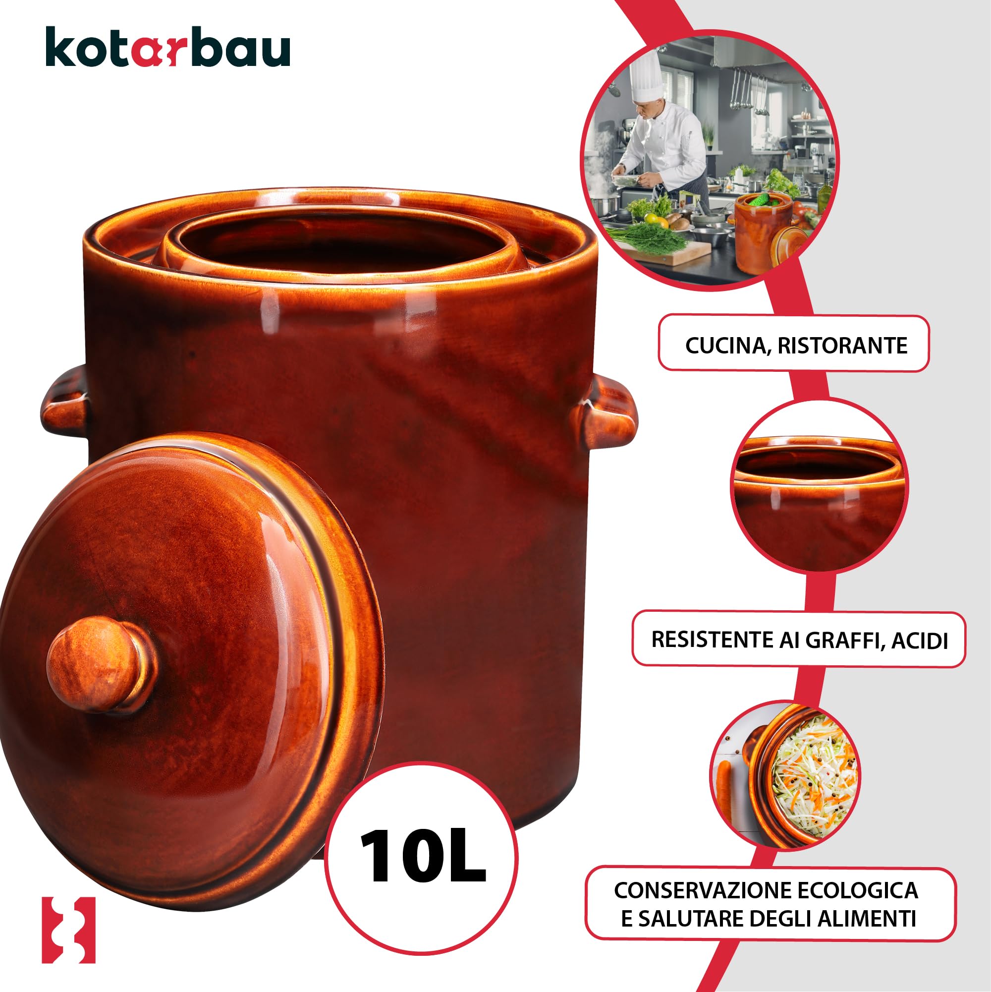KOTARBAU® Pentola per fermentazione, 10 l, marrone in gres porcellanato con coperchio ermetico, vaso per cetriolo, cetriolo, barile in ceramica con grondaia, contenitore in gres porcellanato