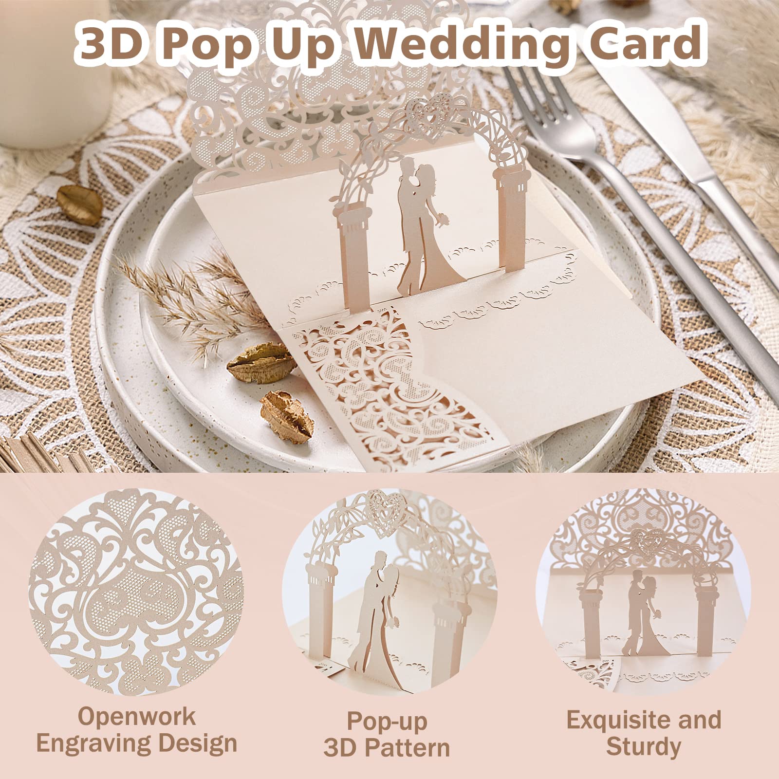 Karta ślubna pop-up z kopertą, karta 3D z życzeniami na ślub, zaproszenia ślubne na dzień ślubu, walentynki, prezenty ślubne (różowy)