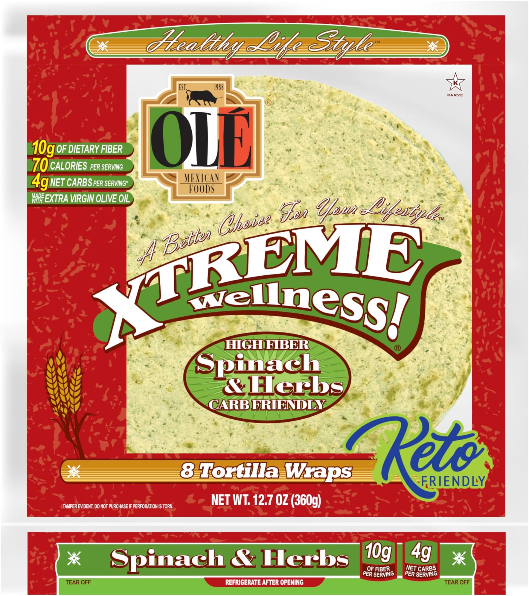 Ole Xtreme Wellness Spinach & Herbs Flour Tortilla Wraps | 8" Size | 8 Count Each Pack | 4 Pack Case // Healthy Life Style.