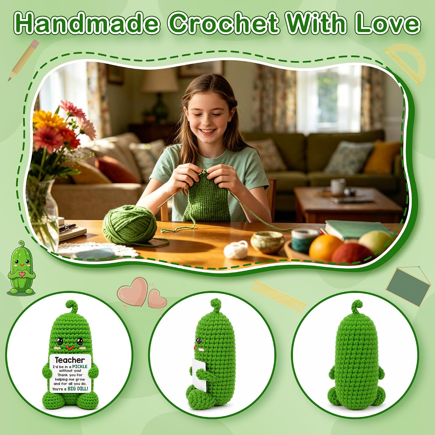 Teachers Appreciation Gifts for Women Men, End of Year Teacher's Gifts, Back to School Thank You Gifts for Teachers Retirement Birthday Gift for Daycare Music Teacher Handmade Crochet Pickle Doll