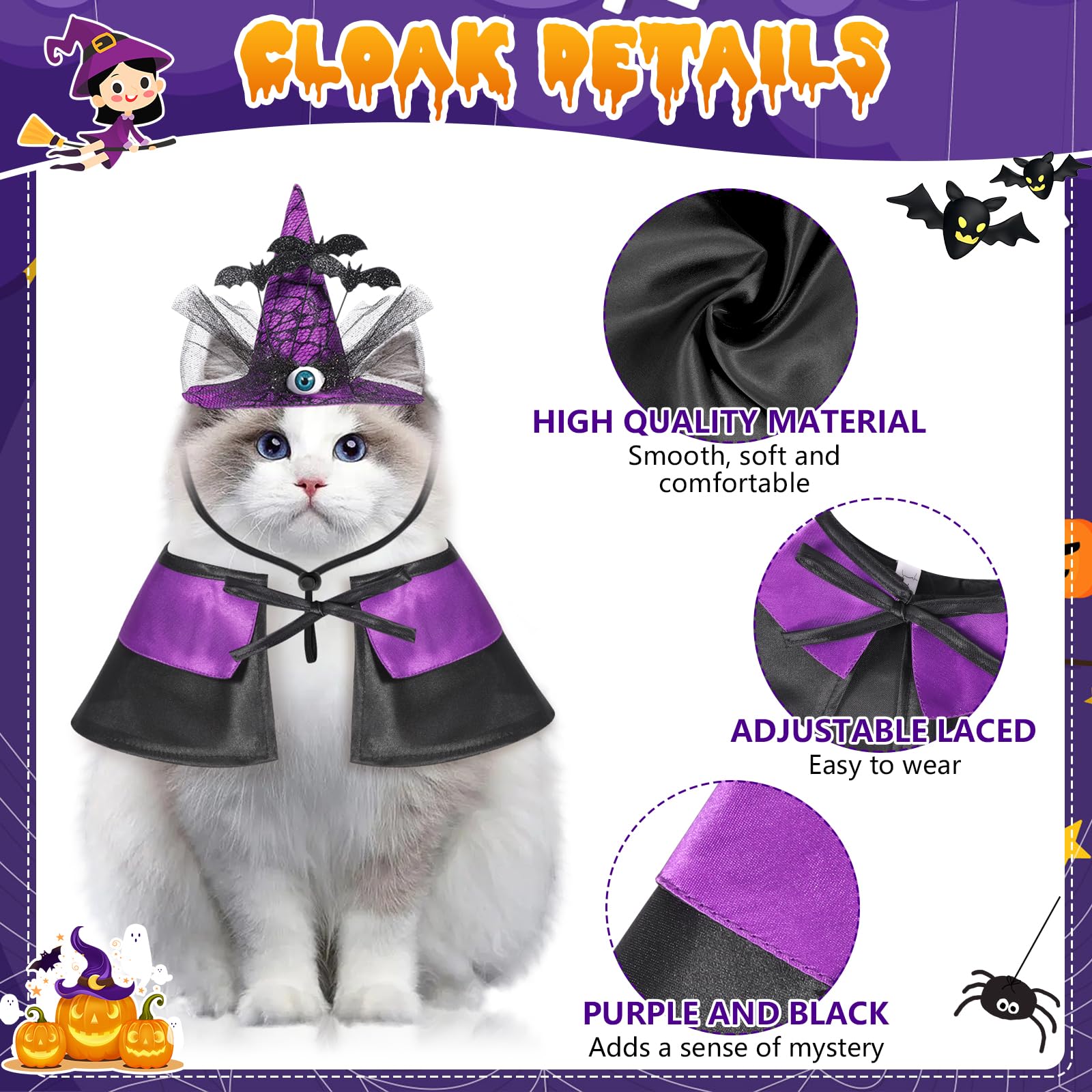 DIKACA Haustier Kostüm Set - Zauberer Umhang Mit Hut Für Hunde & Katzen, Leichtes Halloween Cosplay