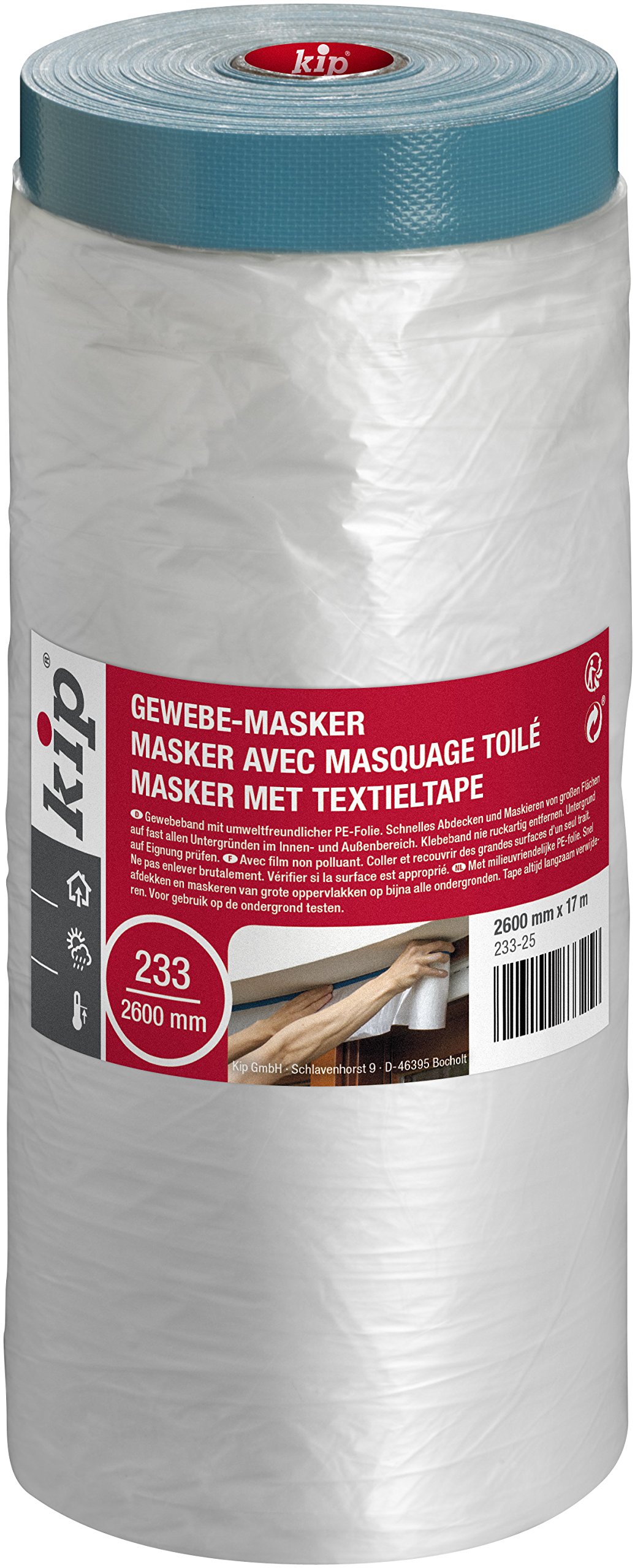 Kip Drop Cloths Pre-Taped Painters Masking Film 2600mm x 17m with Duct Tape, Drape for Spraying, Covering, Suitable for Outdoor Decorating & Windows