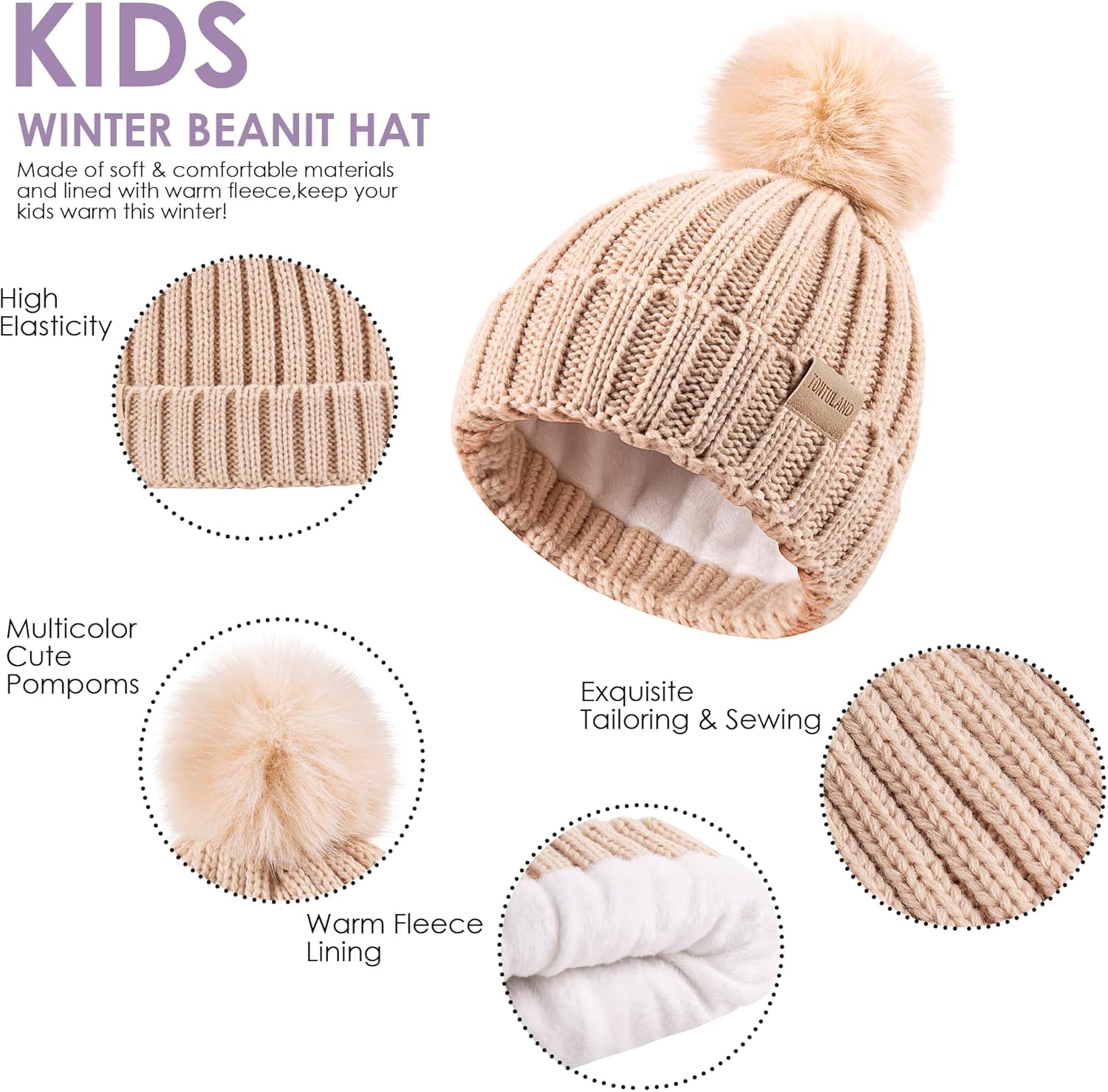 Children's Winter Warm Pompom Hat Fleece Lined Knit Beanie for Kids Aged 3-9, Perfect for Boys and Girls - Image 3