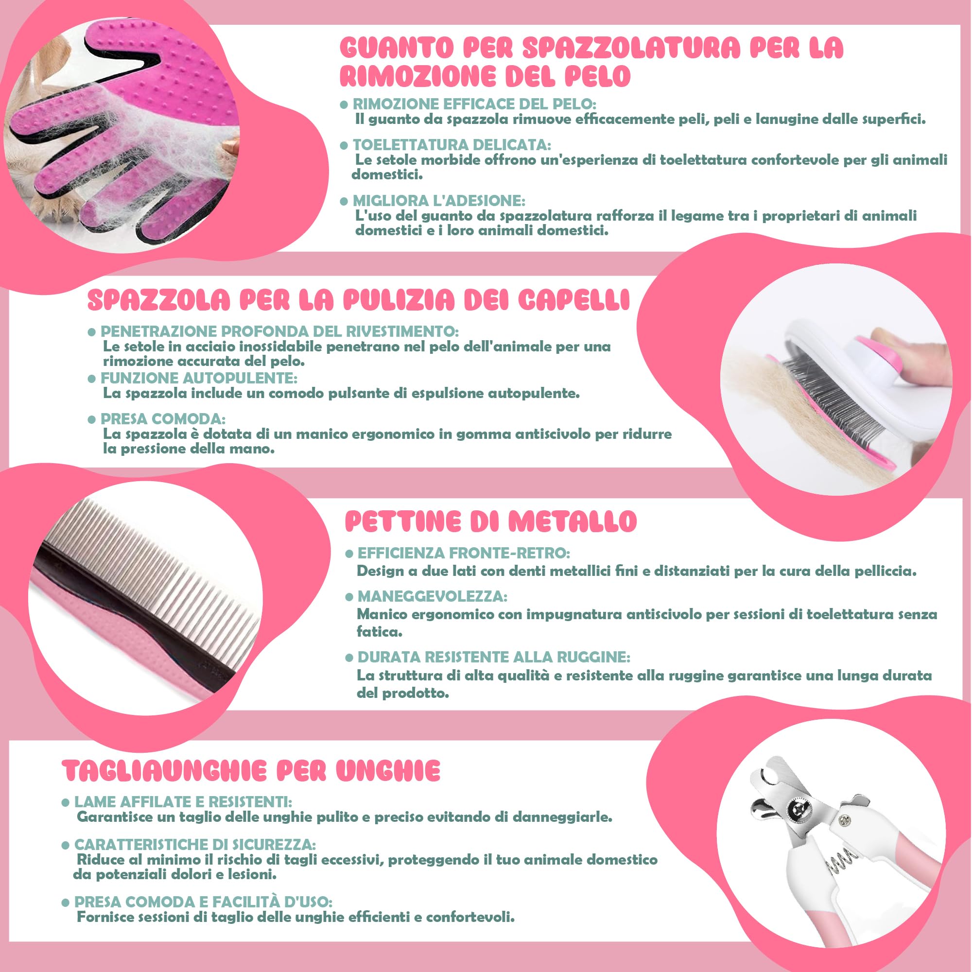 Kit Toelettatura Cani e Gatti 9 Pezzi, Rosa – Spazzola Autopulente, Taglia Unghie Cane e Gatto Adulto, Lava Zampe, Spazzola Lavaggio con Sapone, Guanto, Pettine e Lima