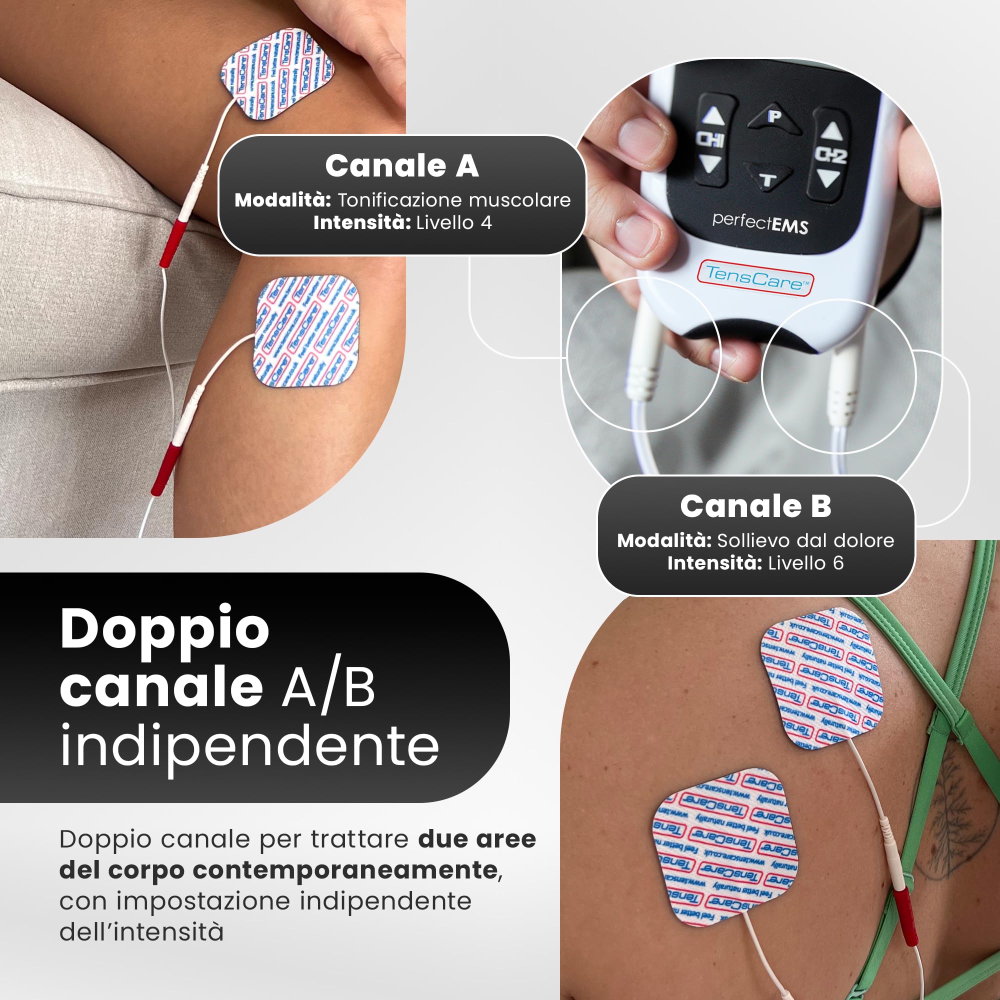 Tenscare Perfect EMS– Stimolazione Muscolare e Trattamento del Dolore in un Dispositivo di Elettroterapia (TENS e EMS) - perfetto per la manutenzione, la tonalizzazione e il rafforzamento dei muscoli | Programmi dedicati per allenamento, tonificazione, re