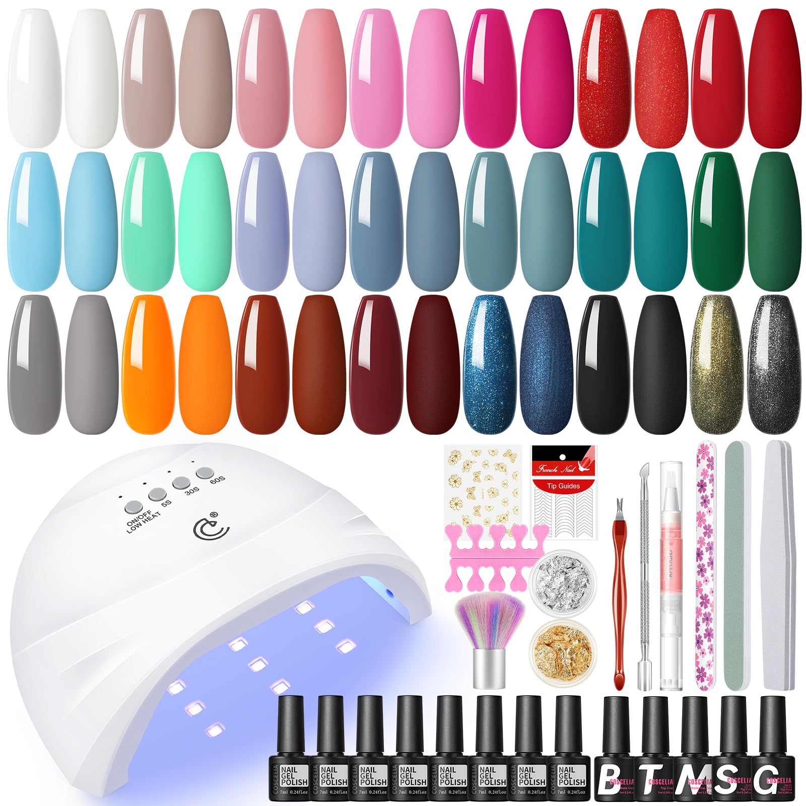 Kit Completo de Esmalte Semipermanente COSCELIA, 20 Colores, Lámpara LED Profesional UV/LED, Top Coat y Base Mate, Kit de Gel UV para Uñas para Principiantes