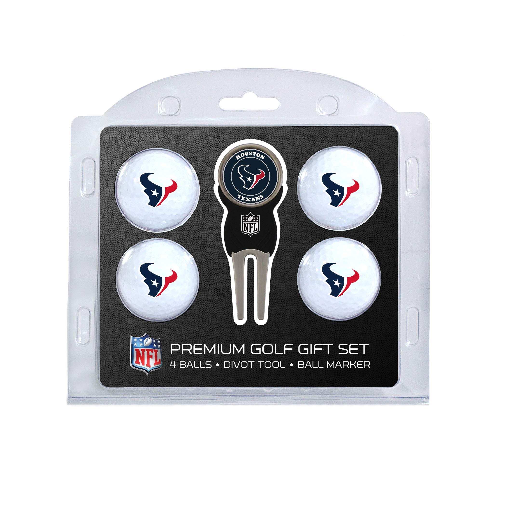 Team Golf NFL Houston Texans 4 Golf Ball And Divot Tool Set Regulation Size Golf Balls (4 Count) & Divot Tool with Removable Double-Sided Magnetic Marker