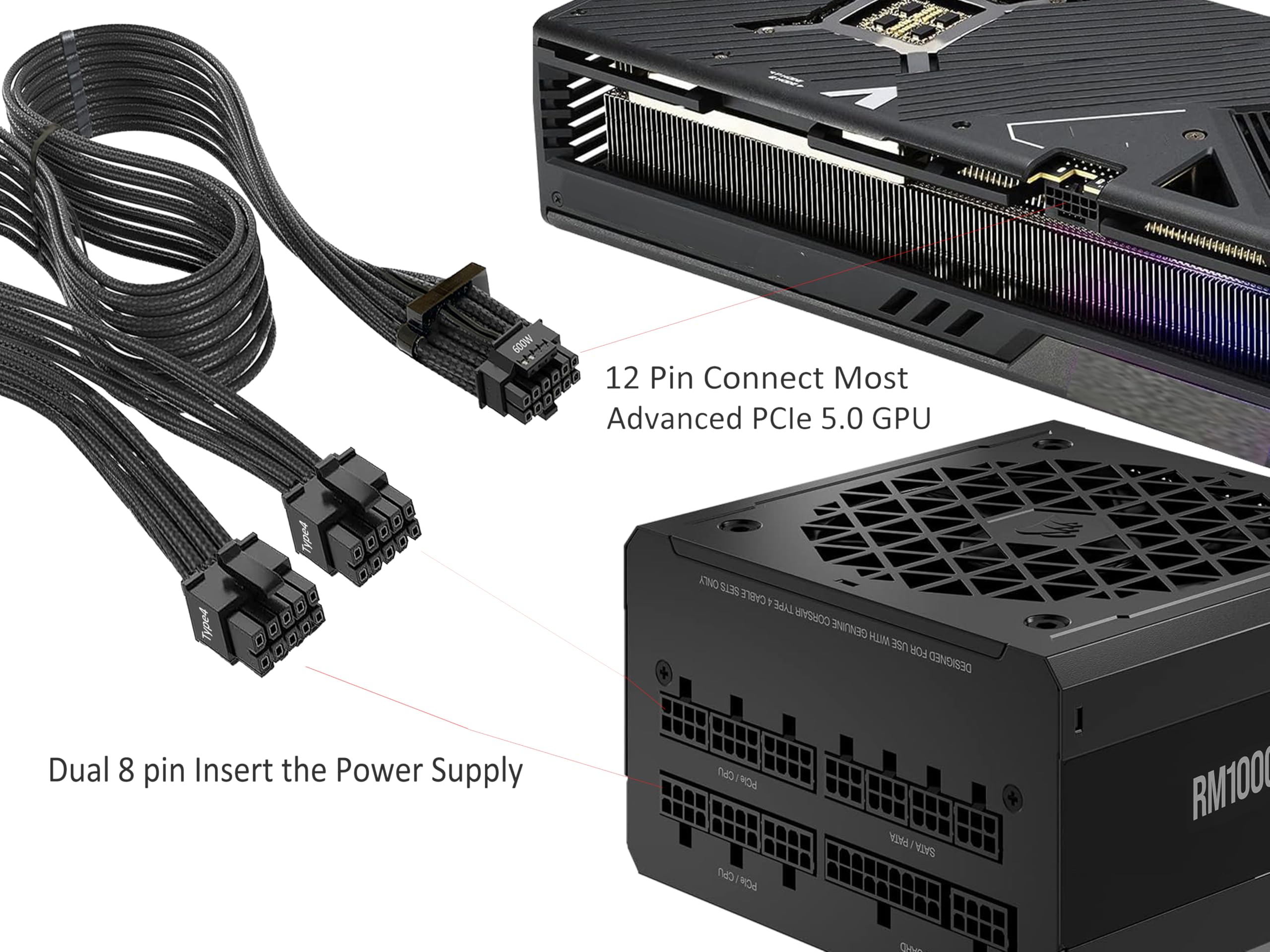 Kabel zasilacza PCIe 5.0 12VHPWR 600 W do zasilacza Corsair typu 4, 8-pinowy podwójny PCIe do 12+4-pinowego złącza, cynowana miedź 16 AWG, do RTX 50 / RX 7900 / RX 9070 Series - czarny