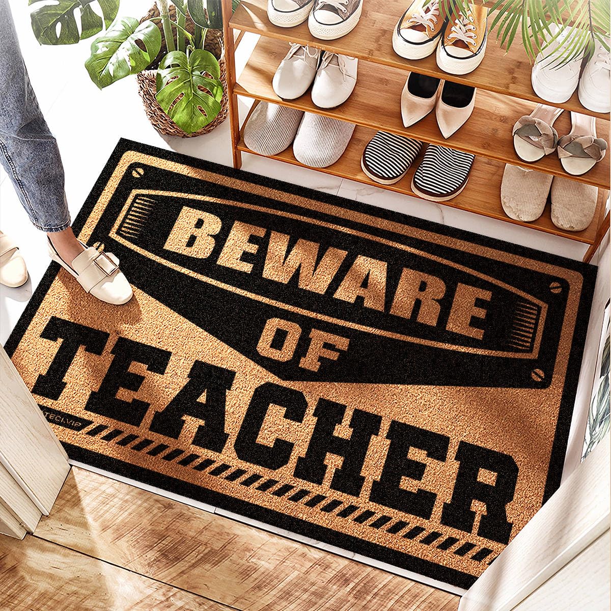 Paillasson jute Beware Of Teacher idéal pour une entrée de maison habitée